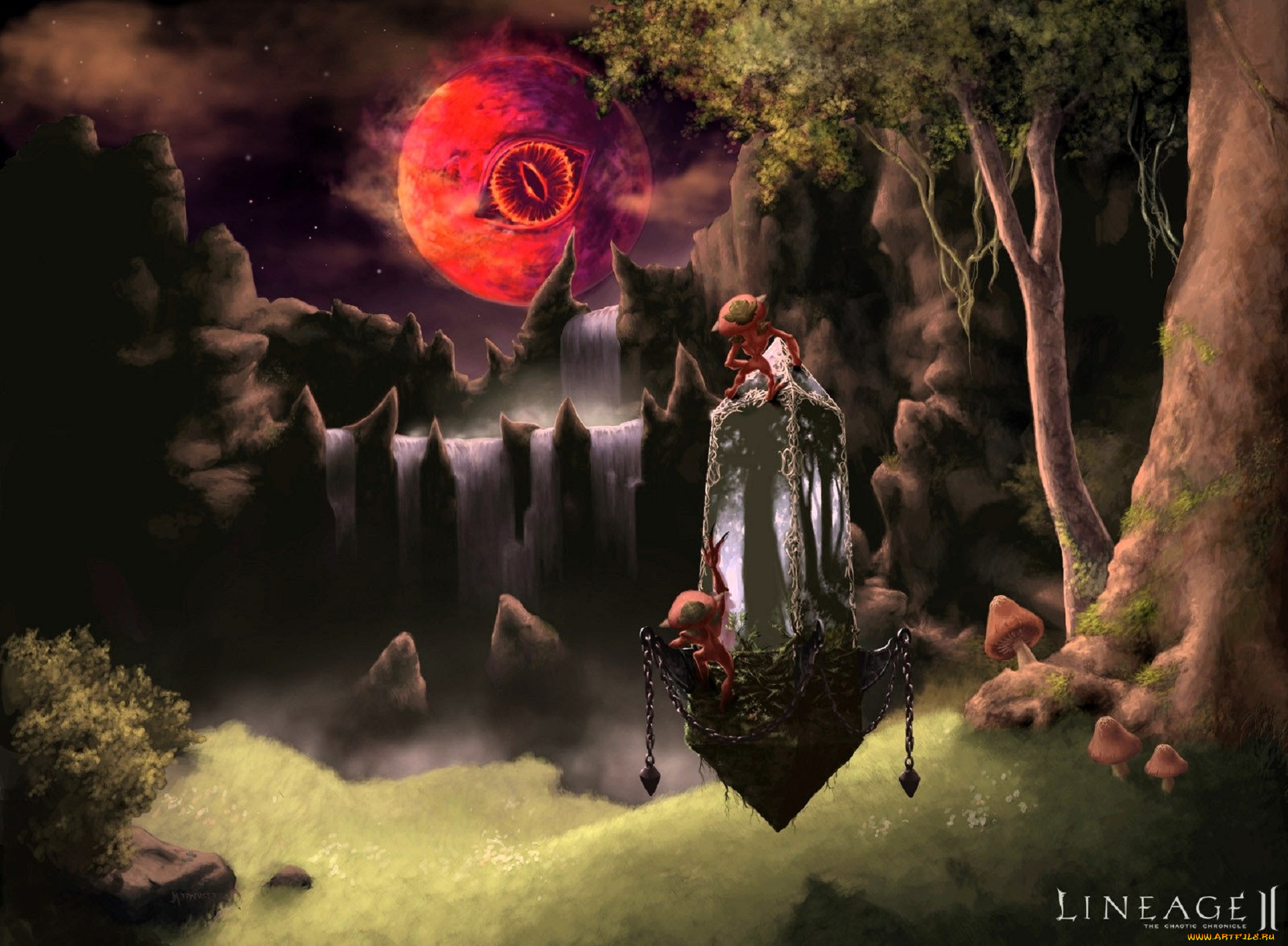 видео, игры, lineage, ii, , the, chaotic, chronicle, луна, глаз, лес, скалы, камни, водопад, существа