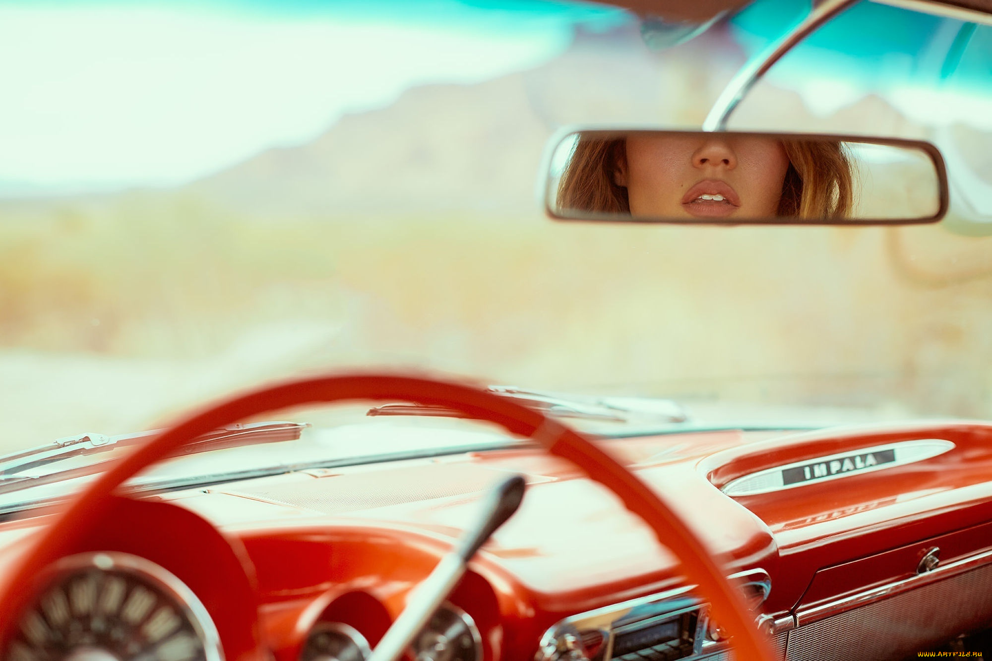 шевроле, автомобили, спидометры, торпедо, импала, салон, зеркало, отражение, девушка, губы