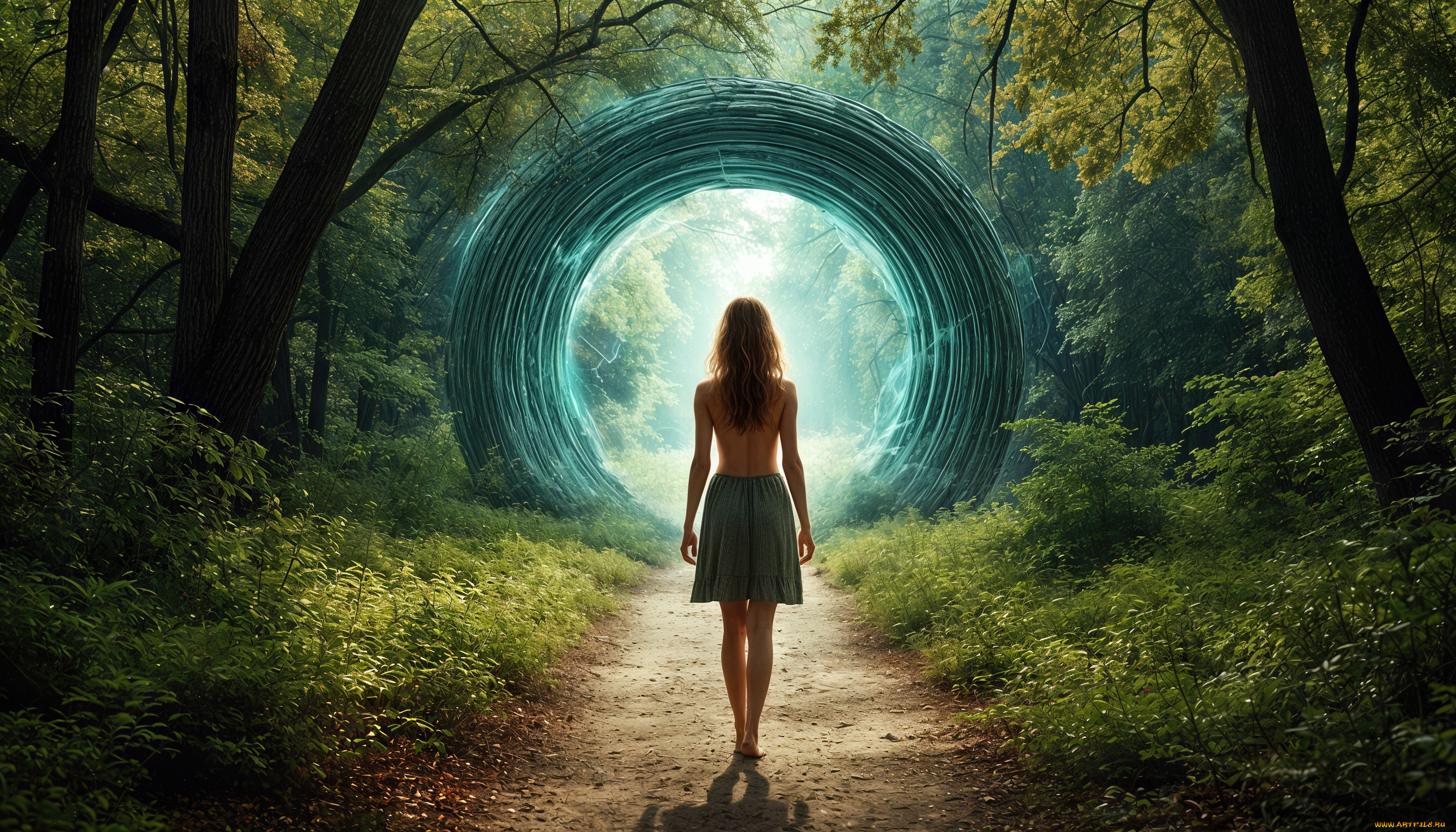 фэнтези, девушки, лес, дорожка, портал, девушка, нейросеть