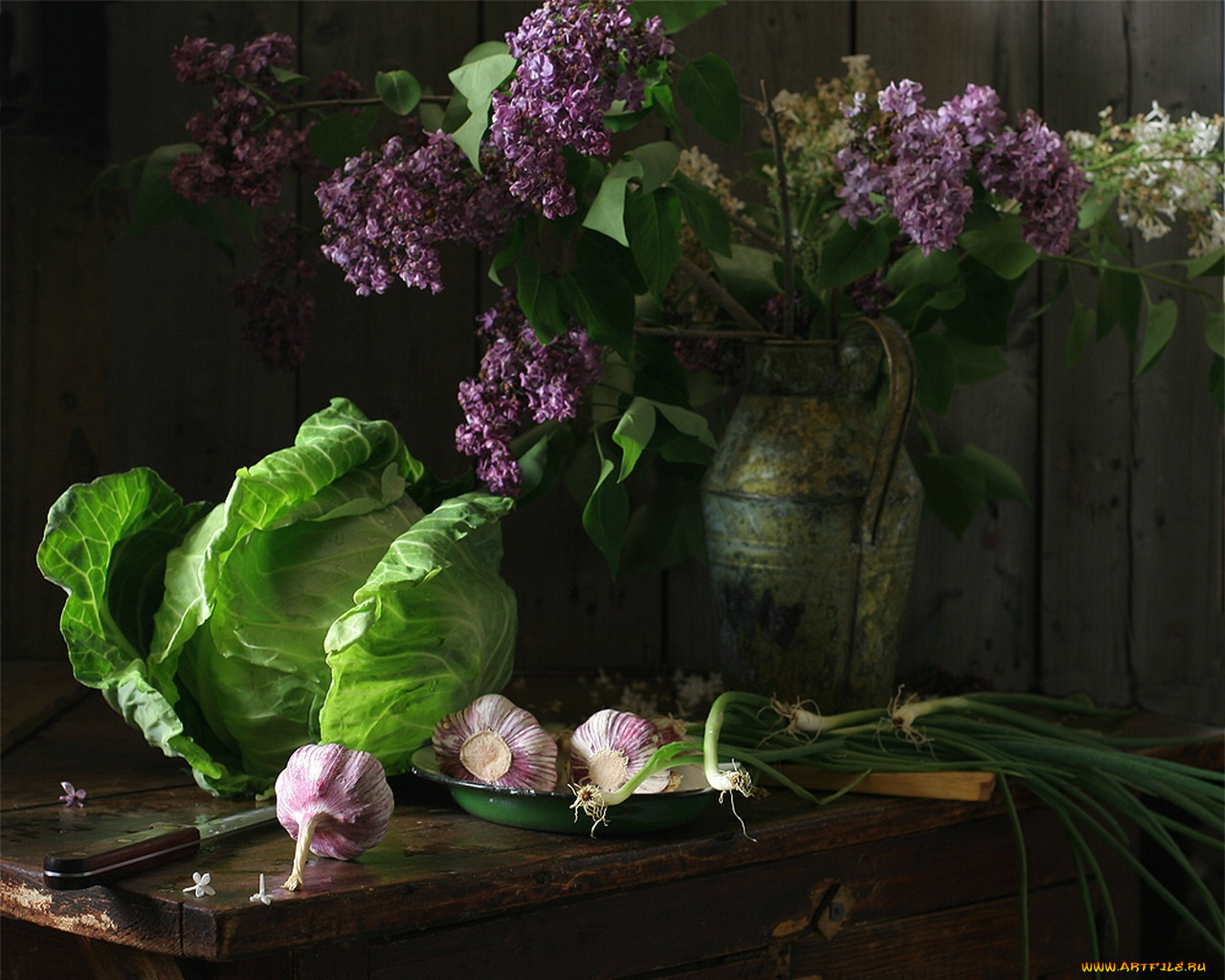 ира, быкова, сирень, капуста, молодой, чеснок, еда, натюрморт