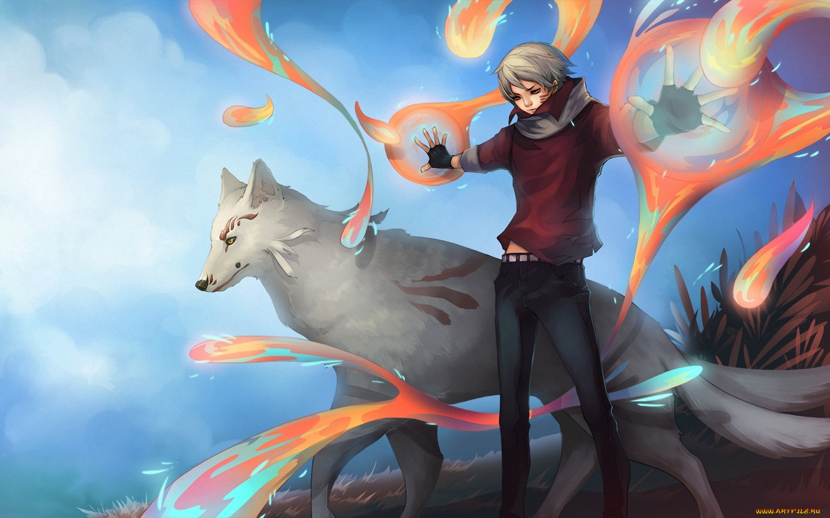аниме, animals, магия, волк, парень