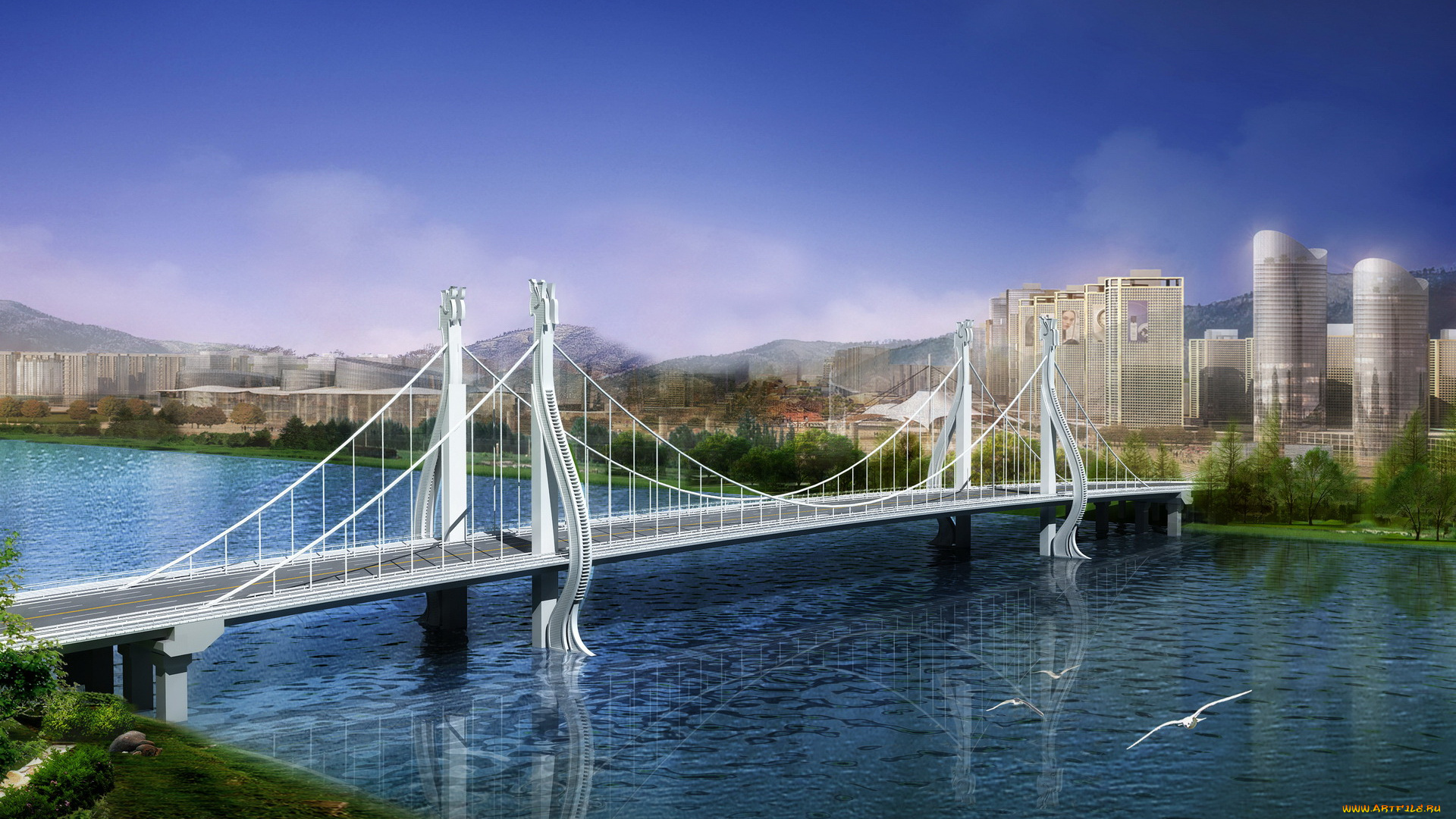3д, графика, architecture, архитектура, река, мост
