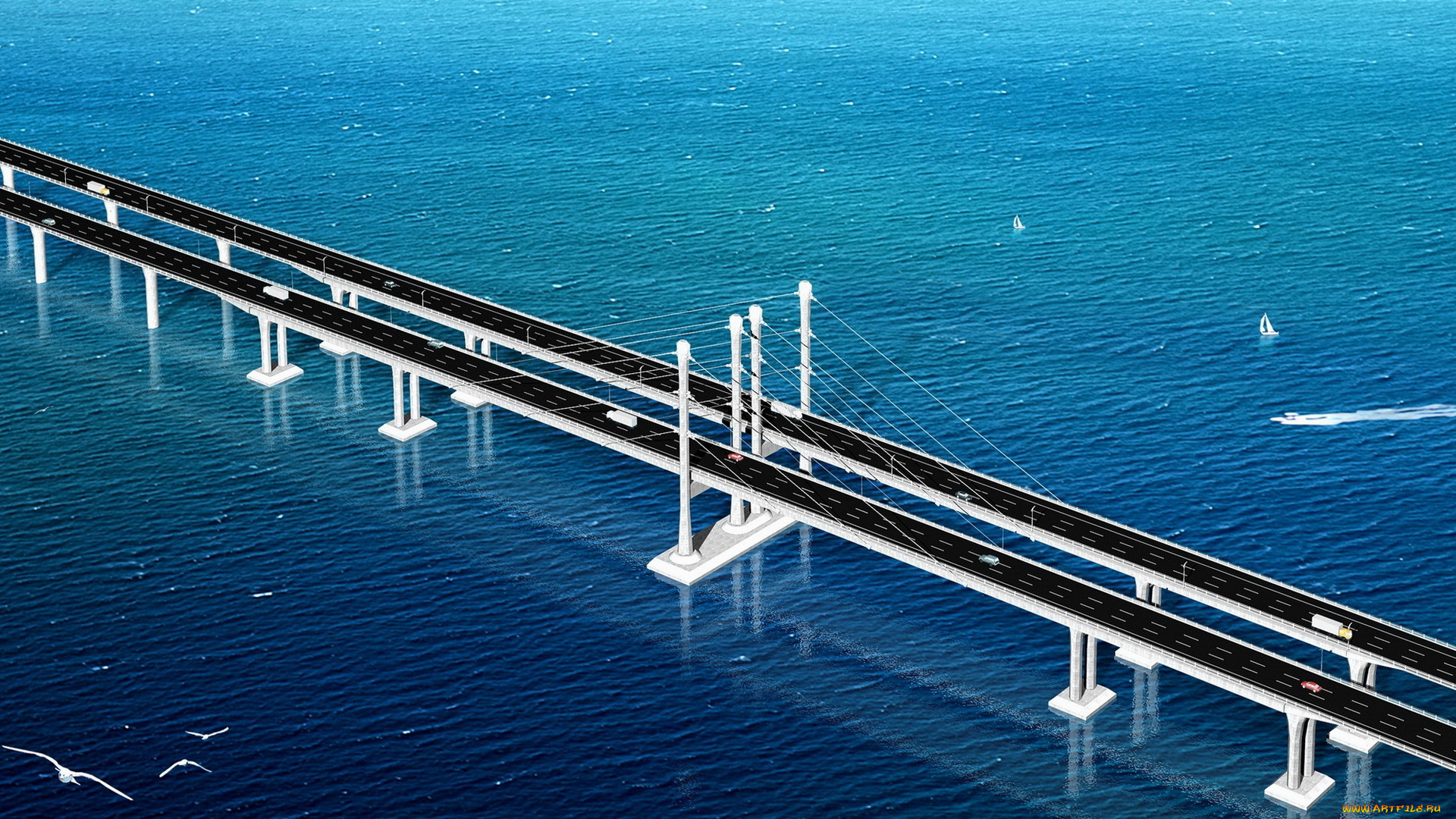 3д, графика, architecture, архитектура, вода, мост