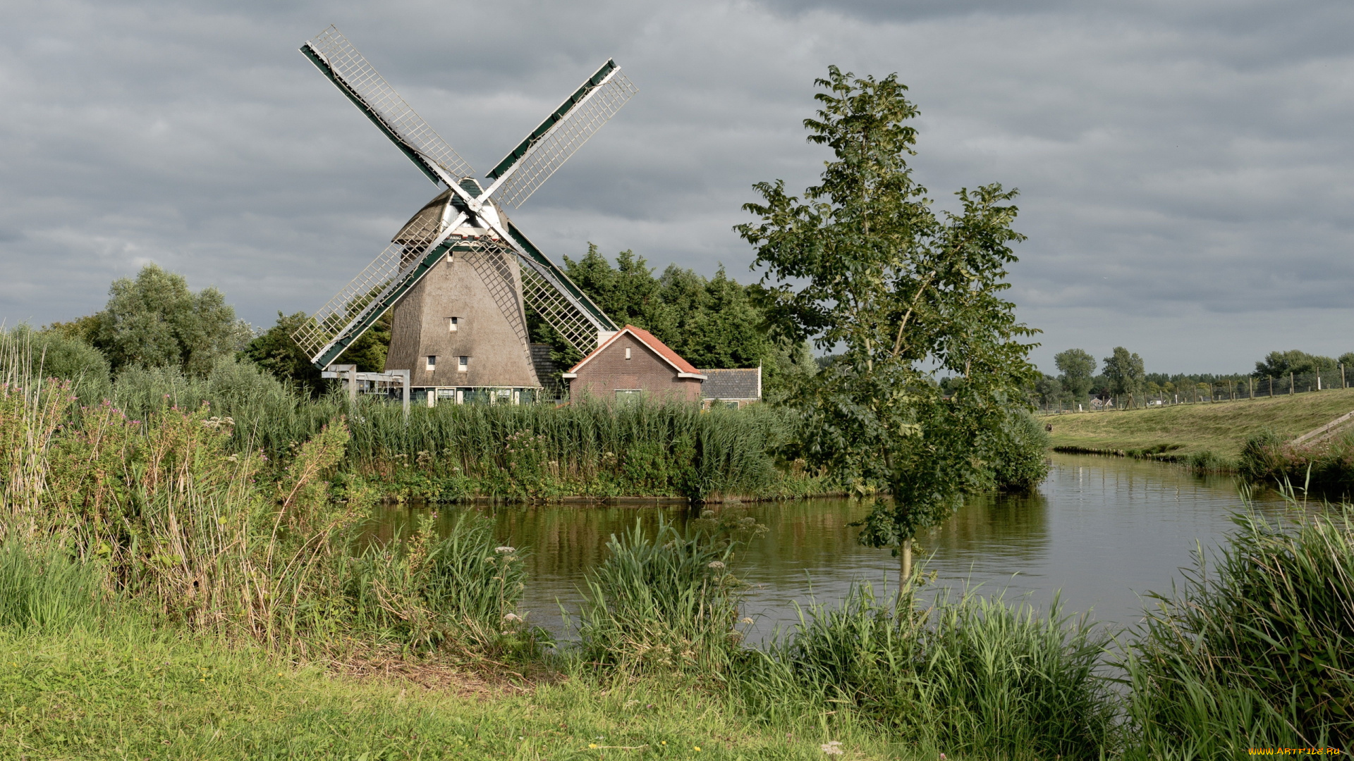 разное, мельницы, мельница, пейзаж, небо, пруд