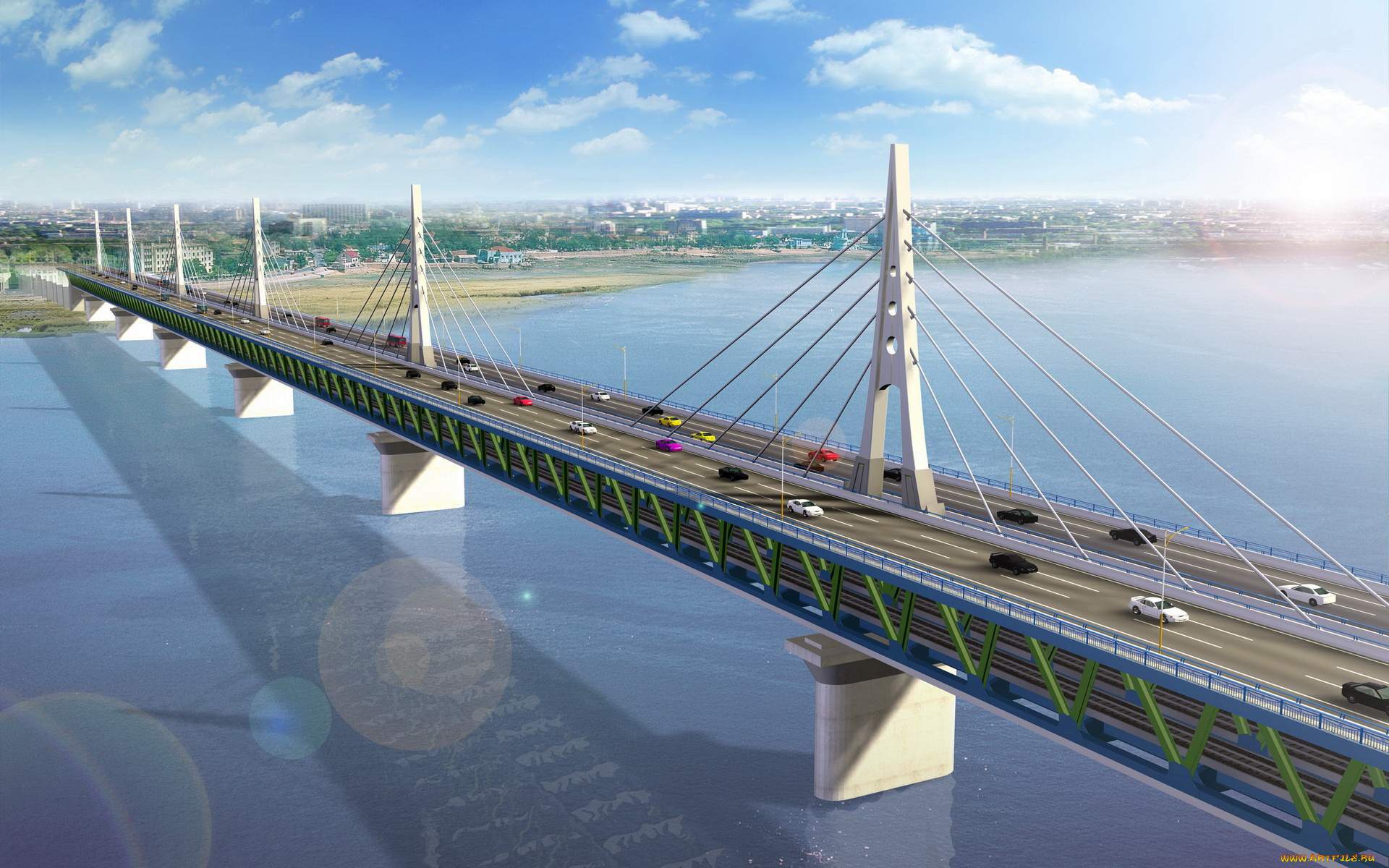 3д, графика, architecture, архитектура, мост, река