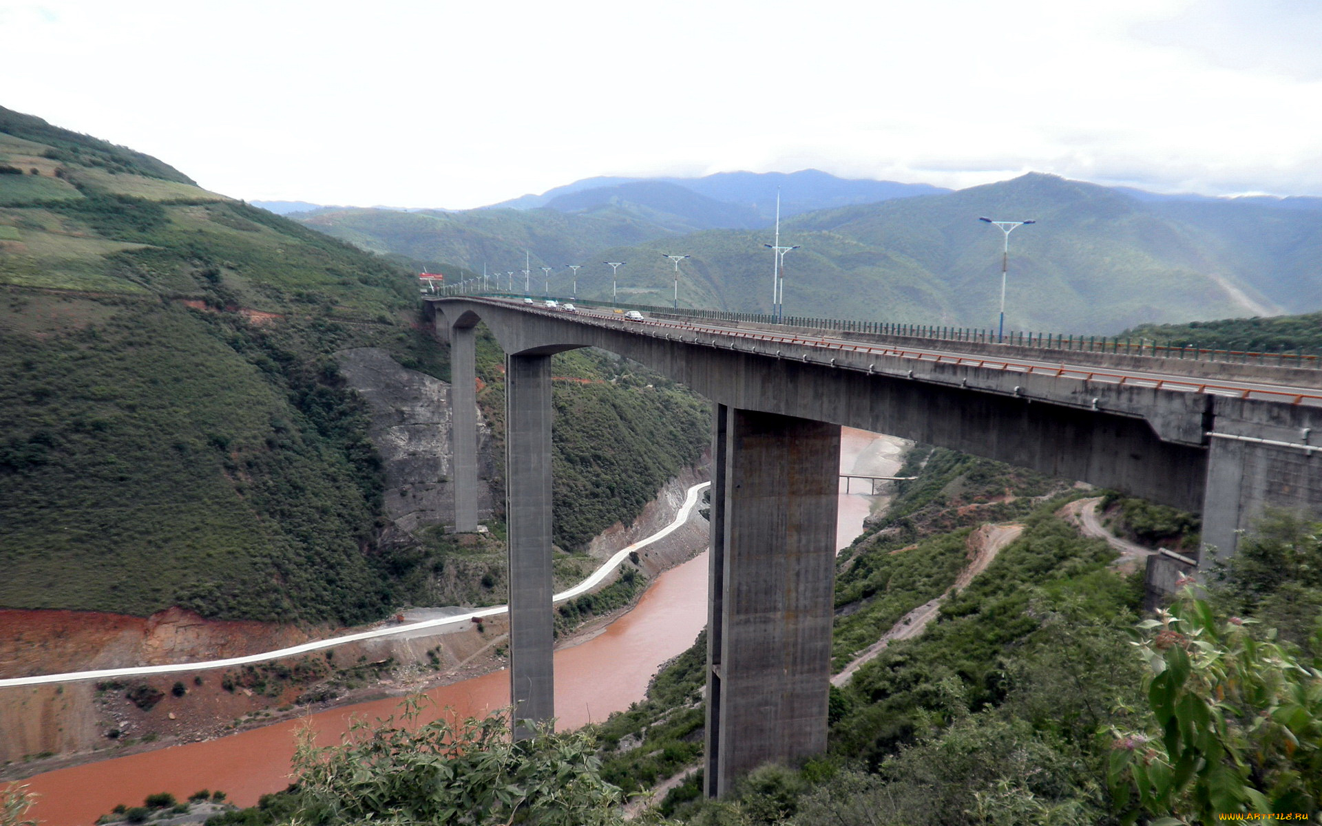 города, мосты, горы, река