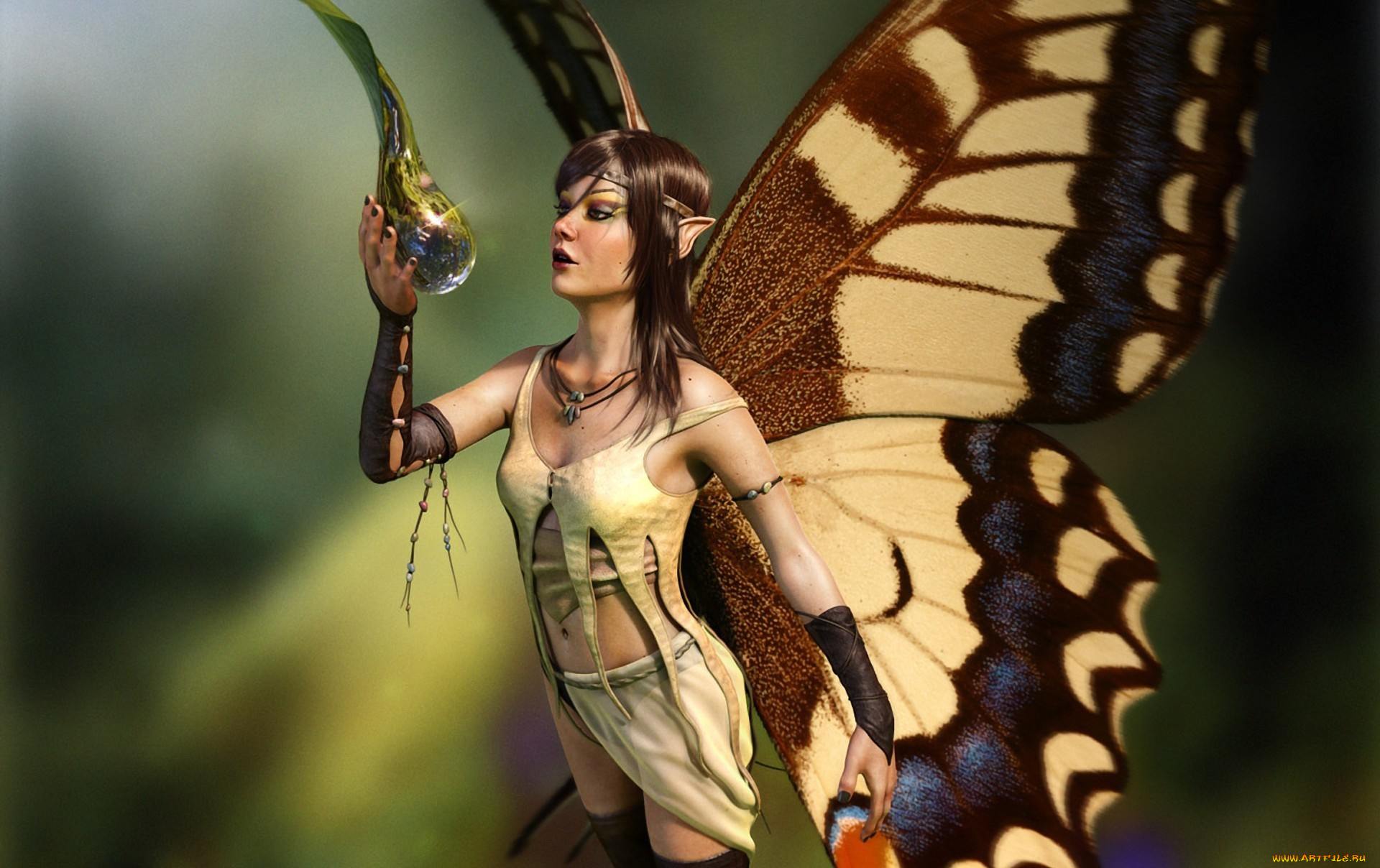 3д, графика, elves, эльфы, фея, бабочка, капля