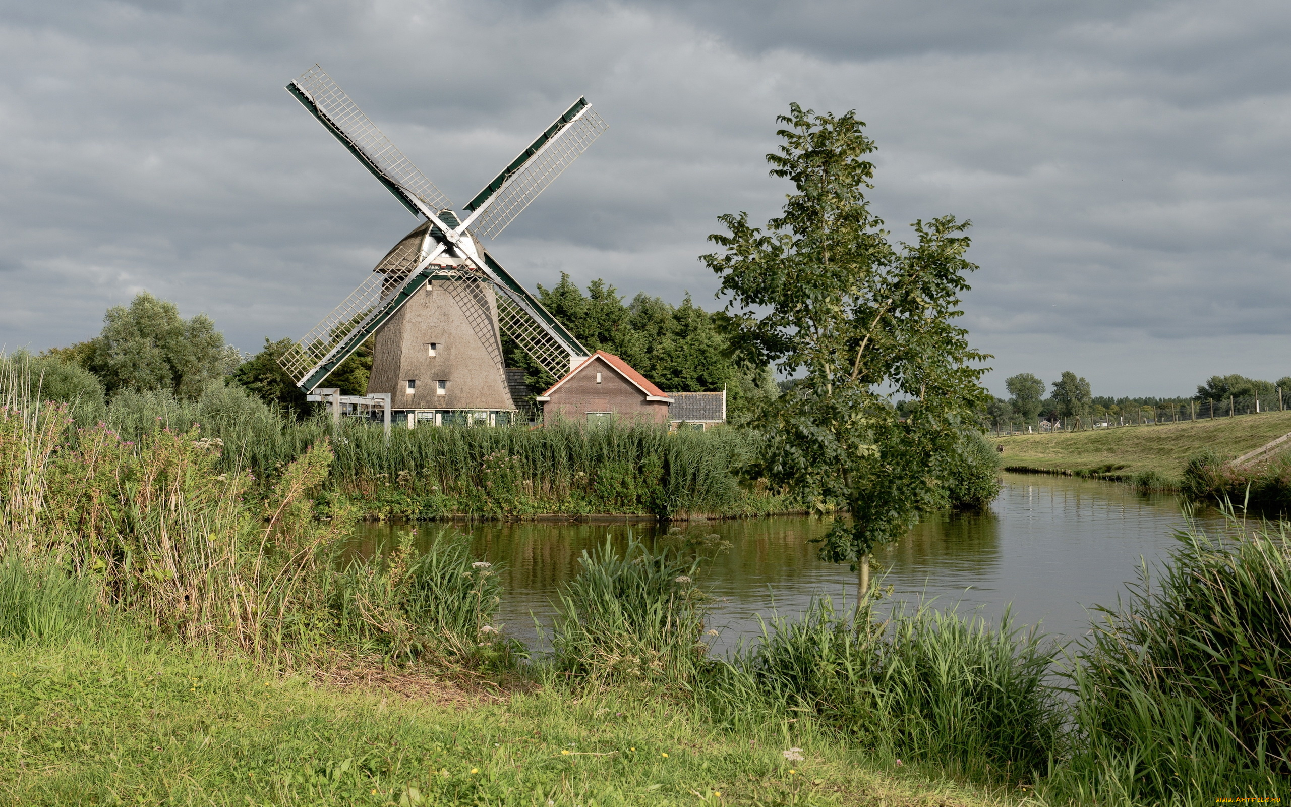 разное, мельницы, мельница, пейзаж, небо, пруд