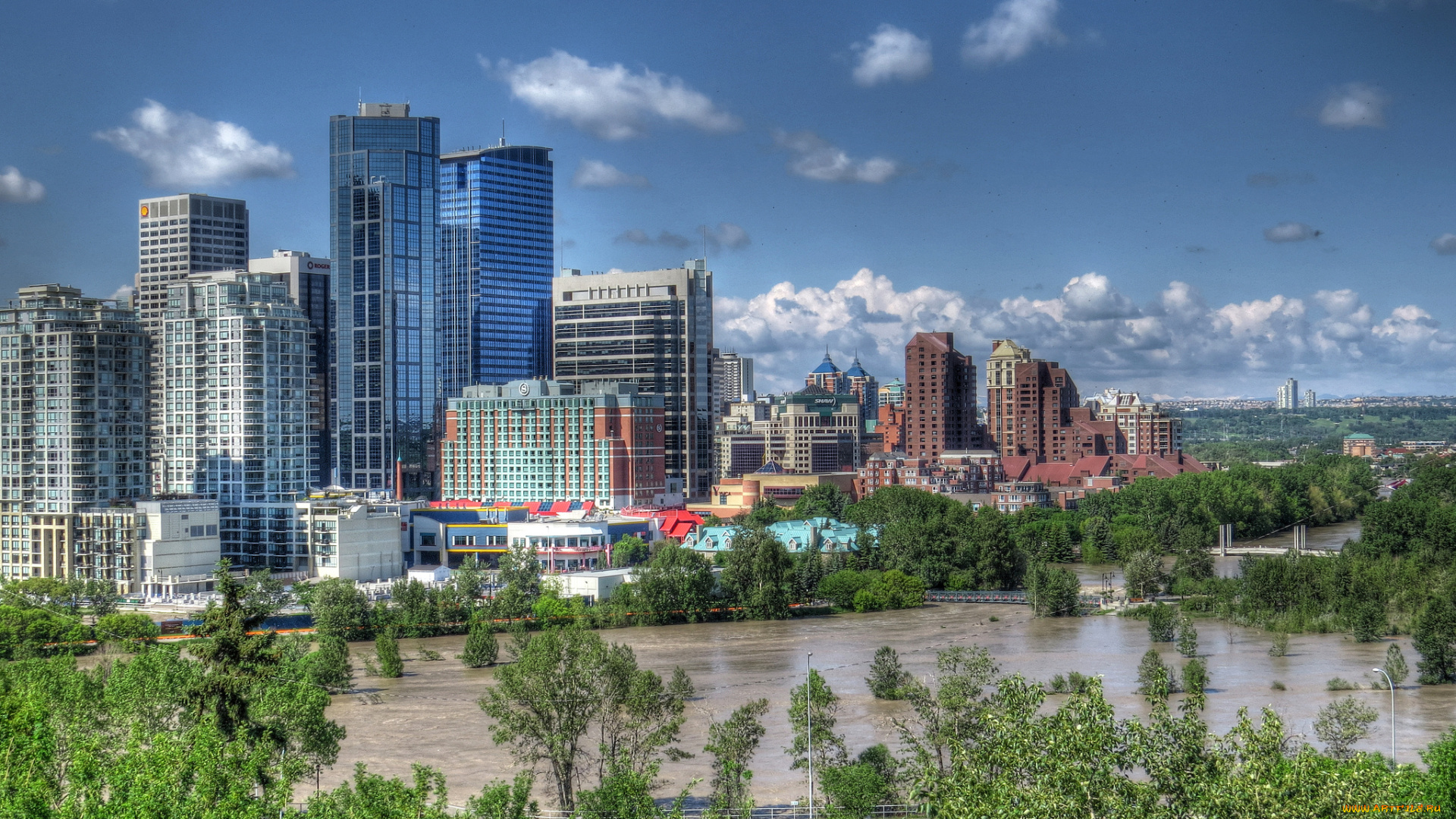 calgary, canada, города, панорамы, bow, river, деревья, калгари, канада, река, боу, здания