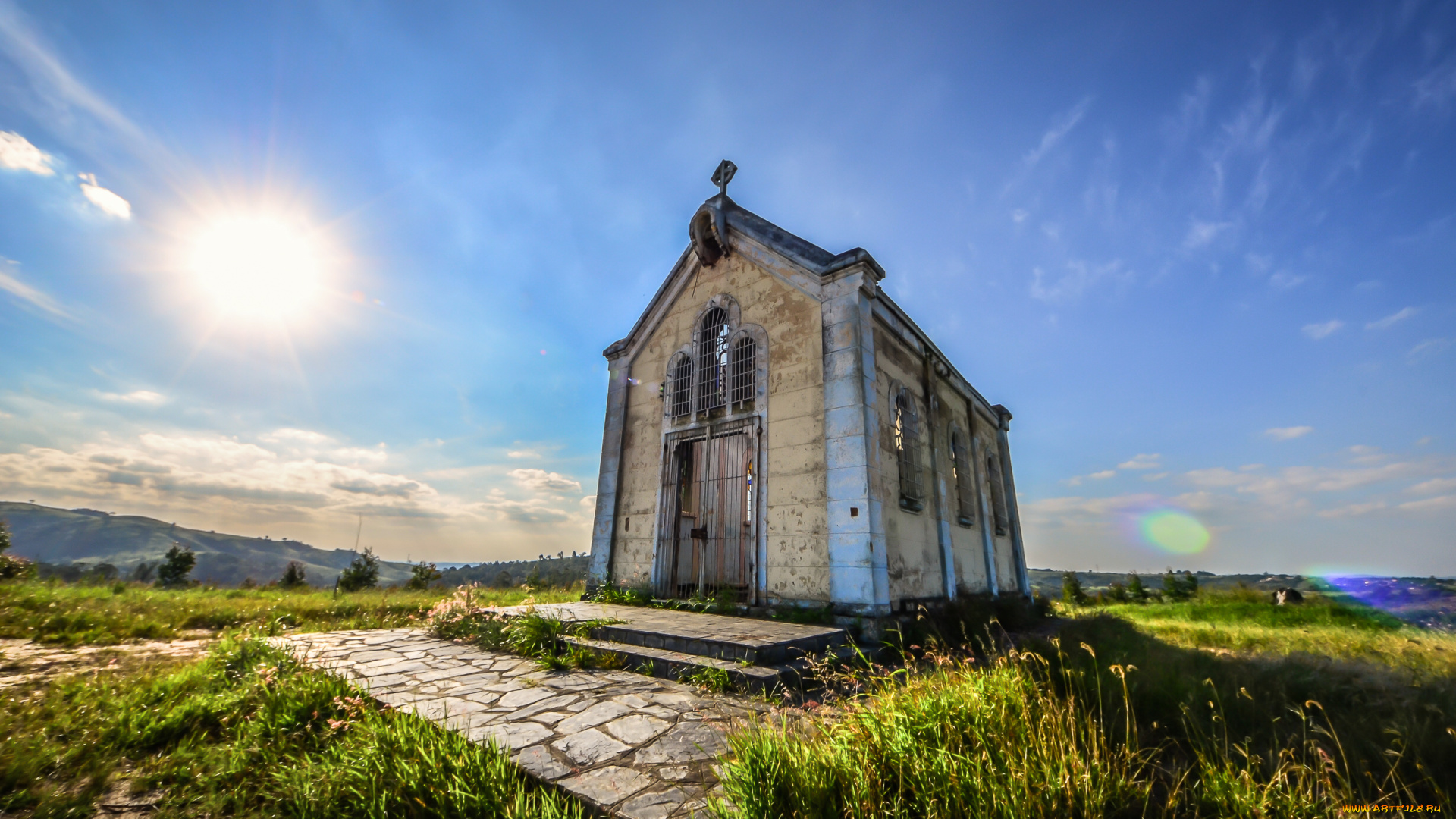 города, католические, соборы, костелы, аббатства, поле, трава, солнце, костел