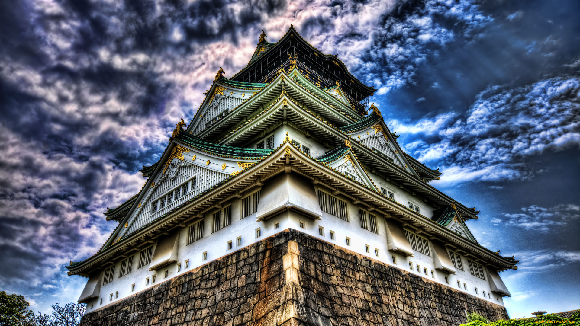 города, замки, Японии, пагода, тучи