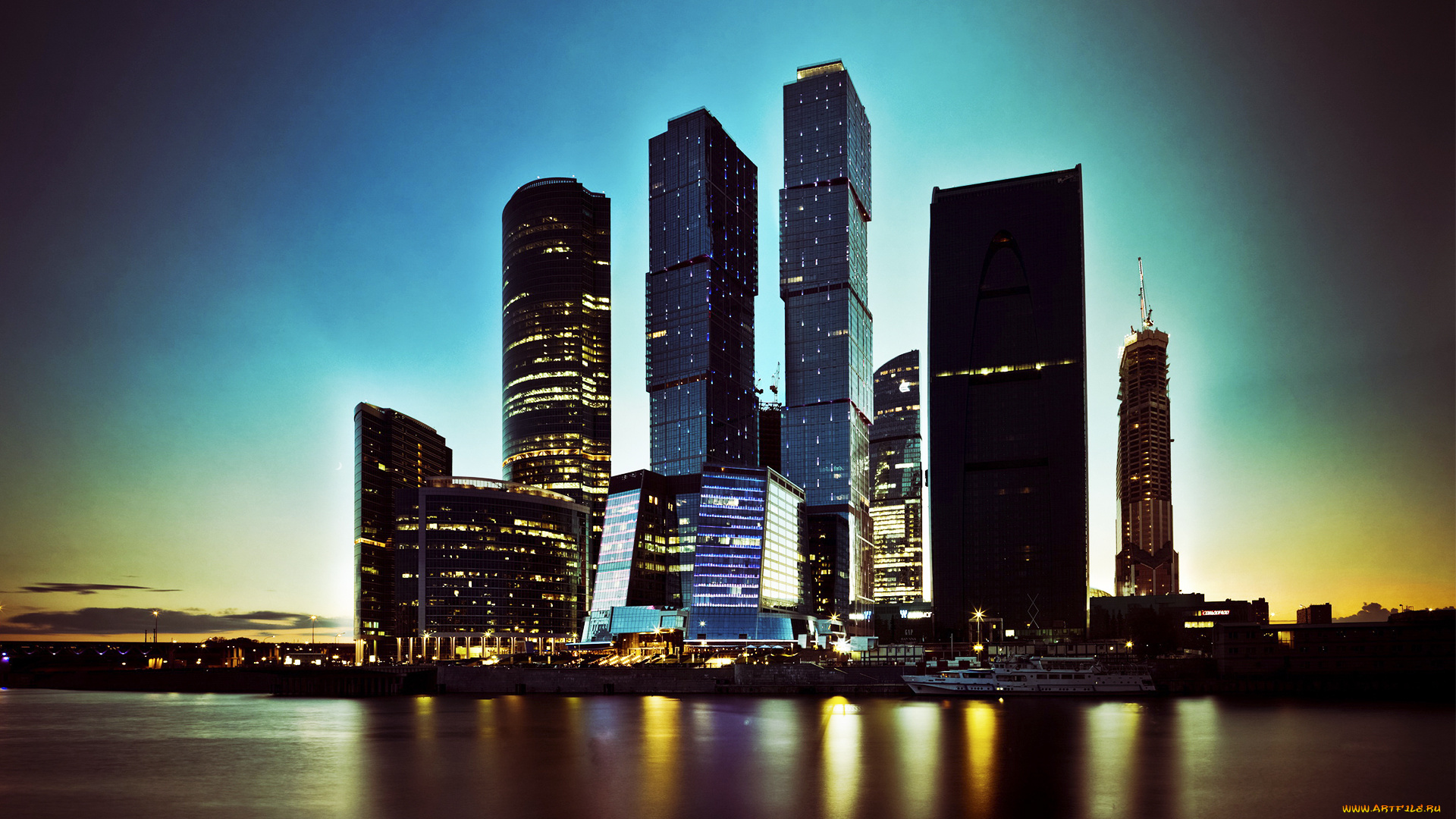 москва, сити, города, россия, небоскребы, река, город, ночь