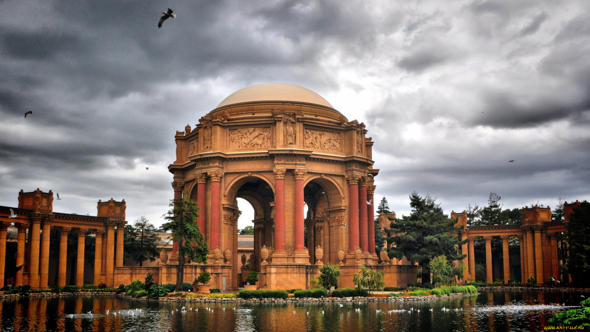 palace, of, fine, arts, san, francisco, города, сан, франциско, сша, сан-франциско, пруд, дворец