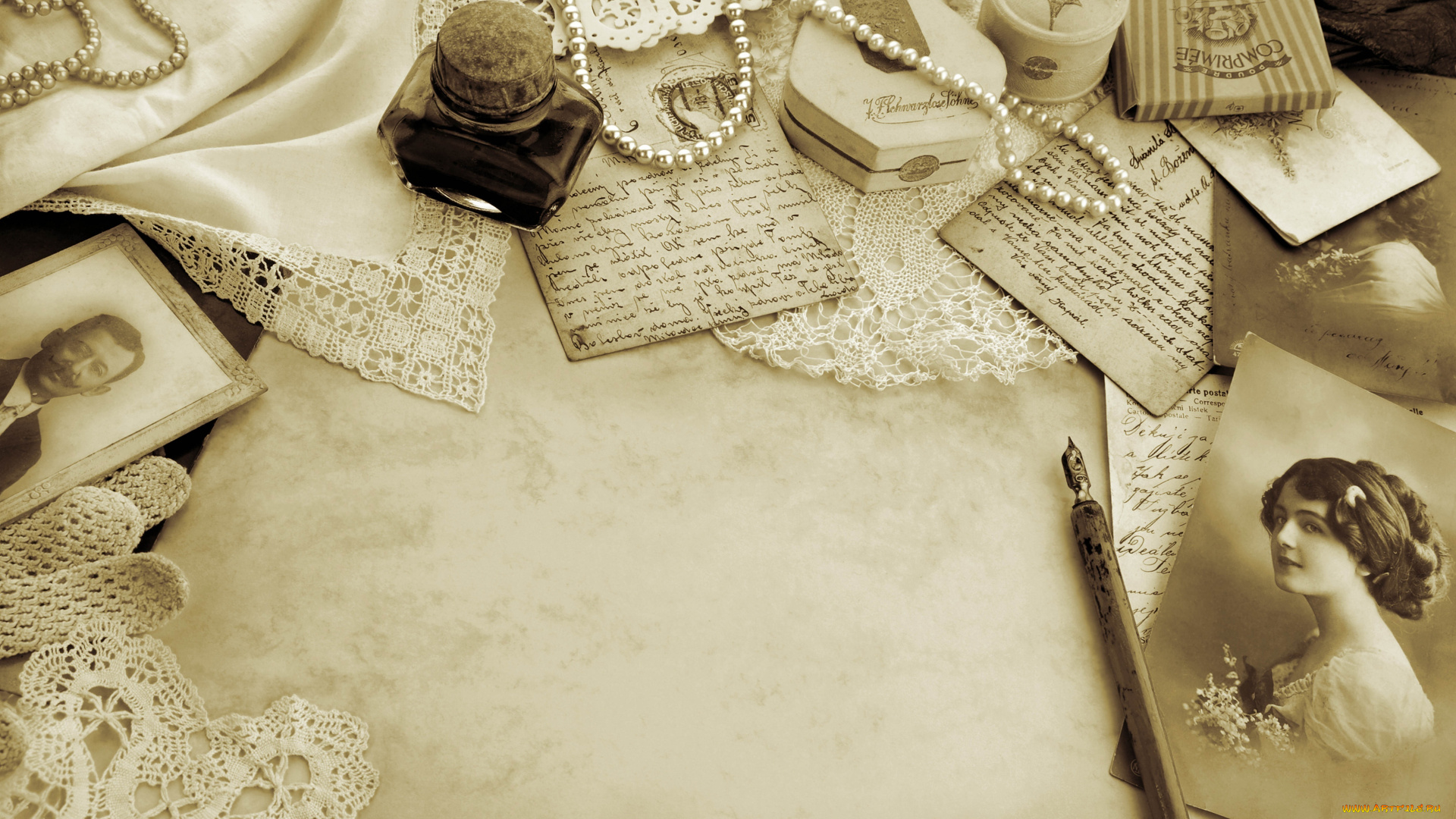 разное, ретро, винтаж, фотография, письма, перо, кружево, жемчуг