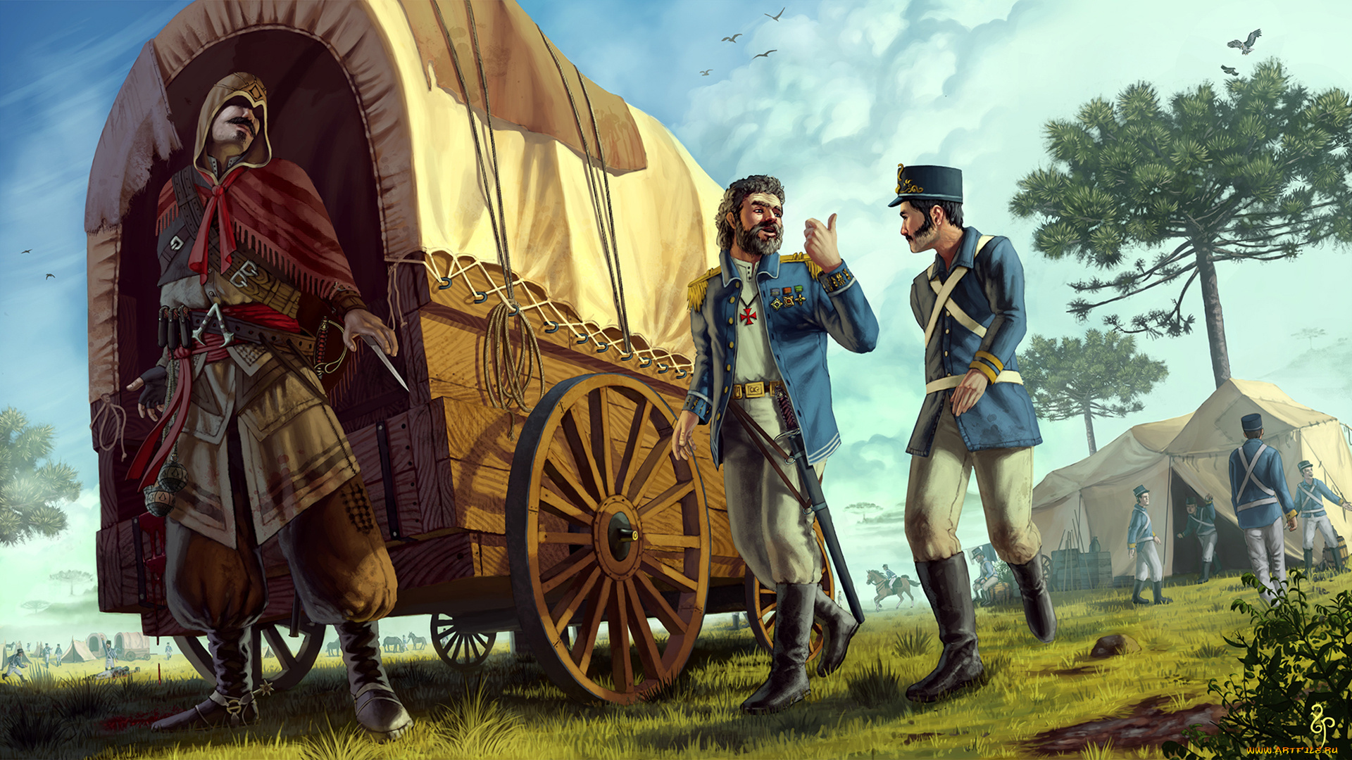 рисованные, люди, ассасин, солдаты, повозка