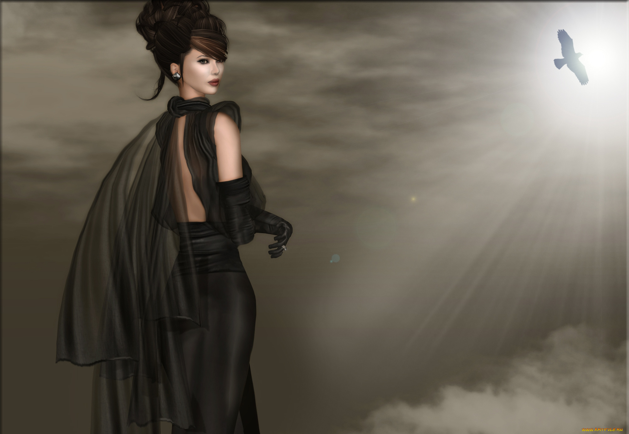 3д, графика, people, люди, птица, платье