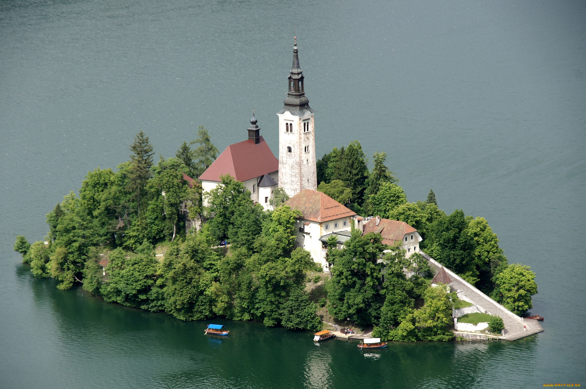 города, блед, словения, лестница, остров, костел