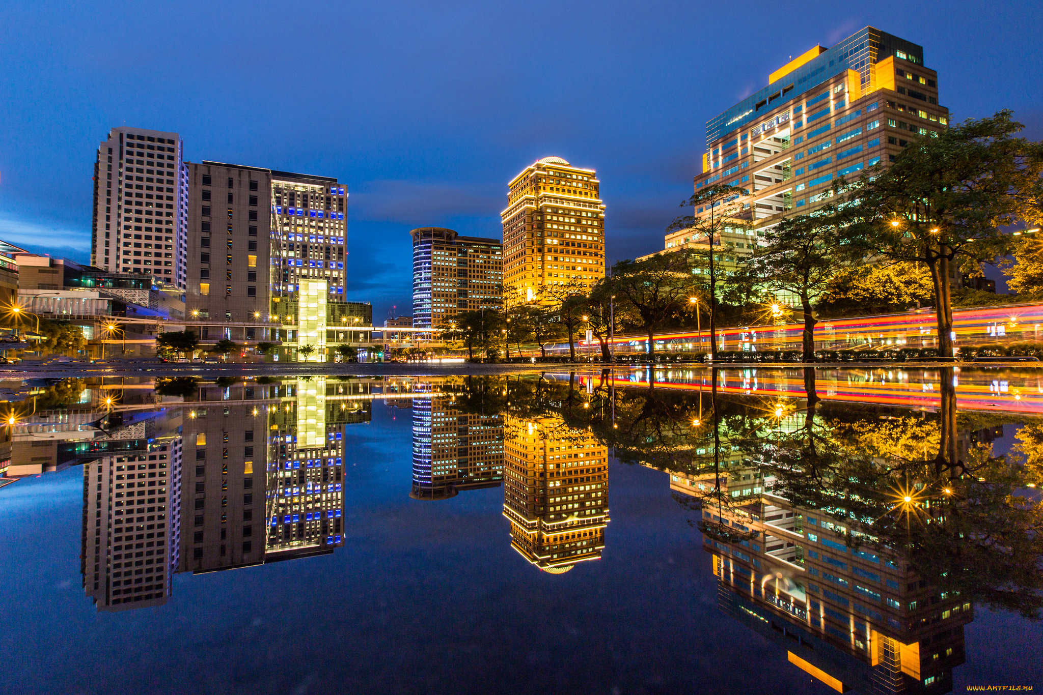 тайбэй, города, тайвань, город, небоскребы, здания, дорога, деревья, огни, ночь