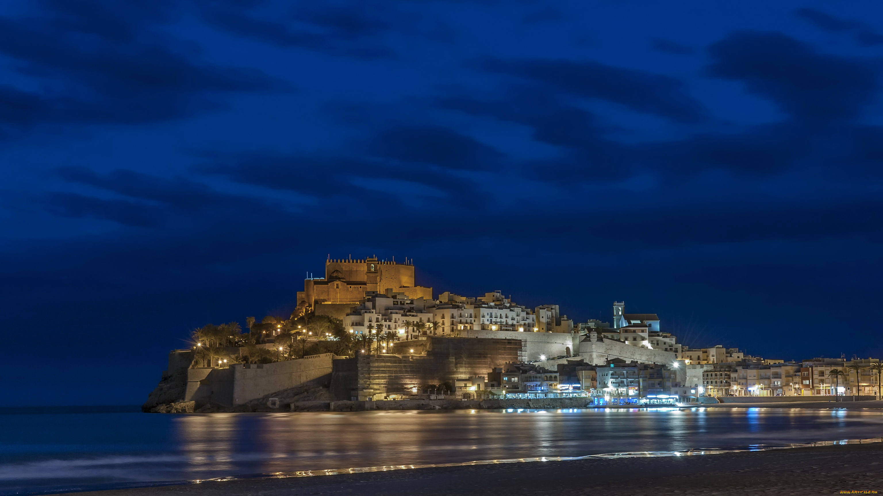 испания, валенсия, кастельон, города, огни, ночного, ночь, дома, замок, море