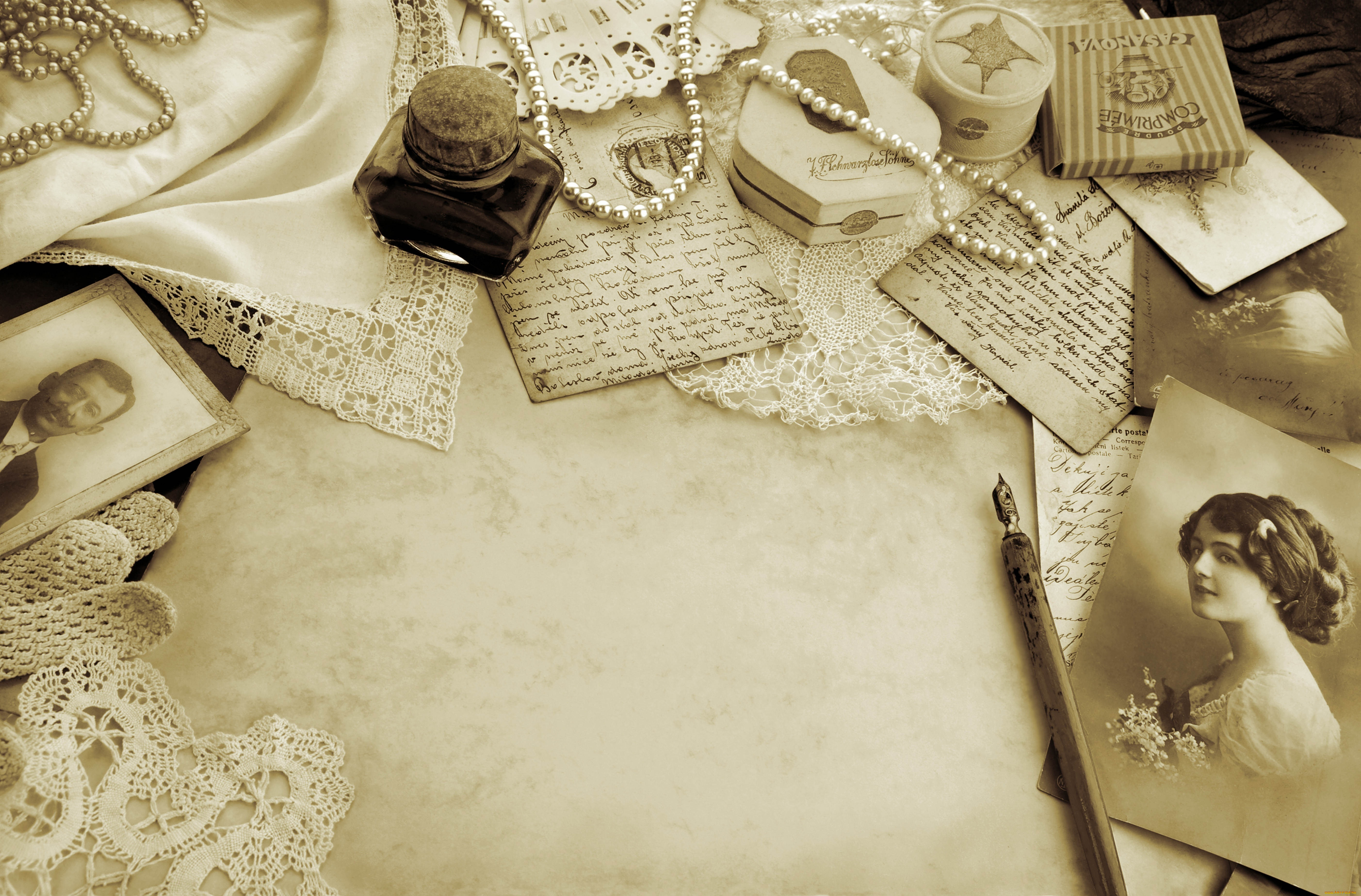 разное, ретро, винтаж, фотография, письма, перо, кружево, жемчуг
