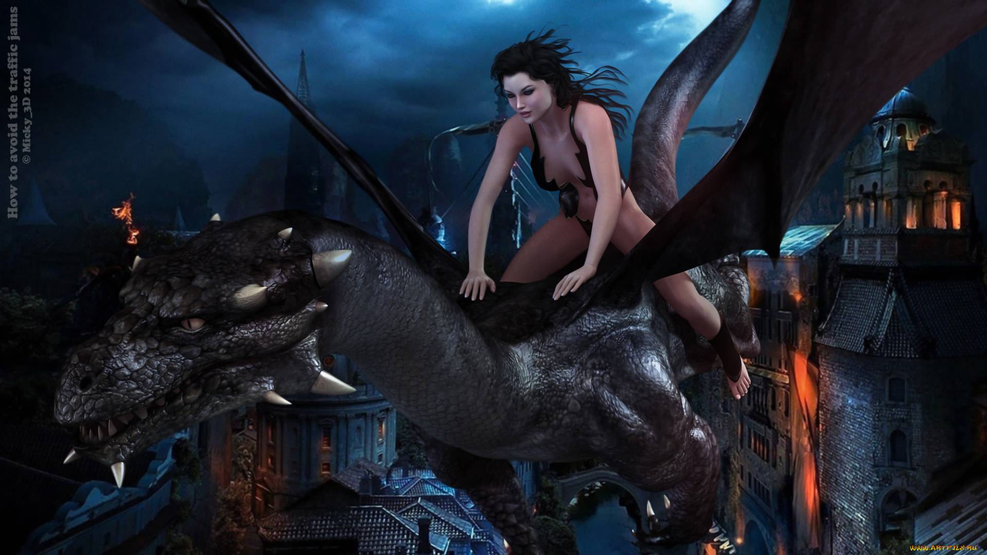 3д, графика, фантазия, , fantasy, полет, дракон, взгляд, девушка