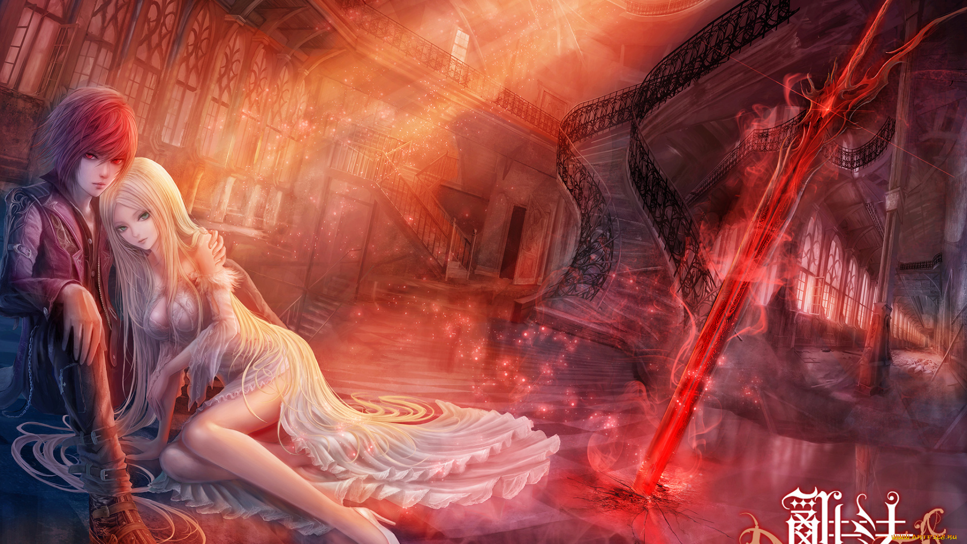 аниме, -halloween, &, magic, лестница, дом, взгляд, объятья, парень, fufu, девушка, art