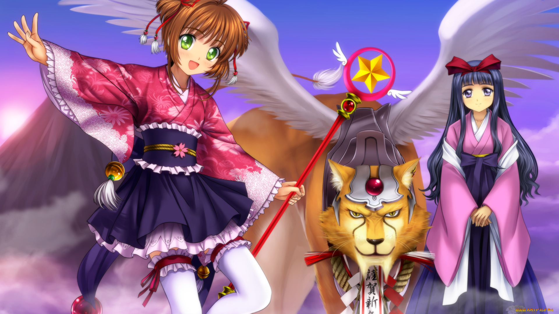 аниме, card, captor, sakura, улыбка, посох, лев, крылатый, кимоно, девушки