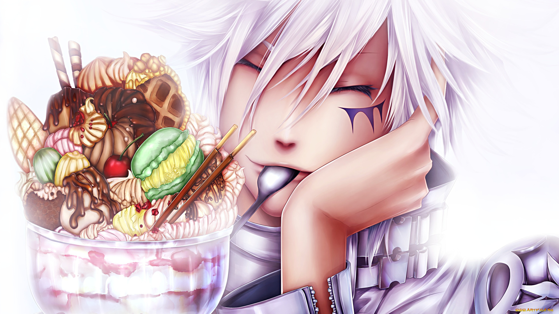 аниме, katekyo, hitman, reborn, katekyou, hitman, reborn, улыбка, byakuran, парень, фон, inira, art, мороженое, ложка