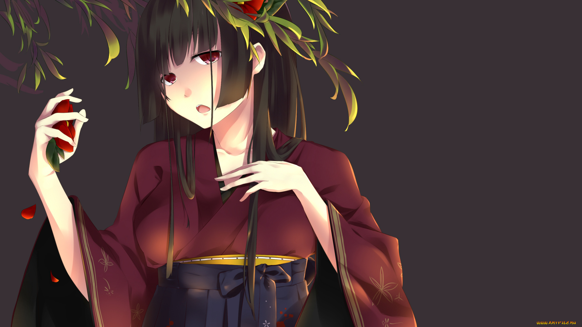 аниме, *unknown, , другое, девушка, листья, цветы, растение, кимоно, шатенка, арт