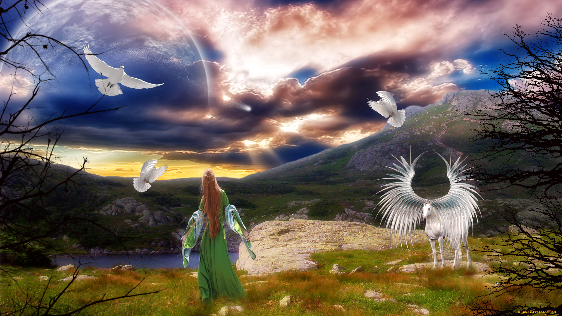 фэнтези, фотоарт, горы, голуби, девушка, пегас