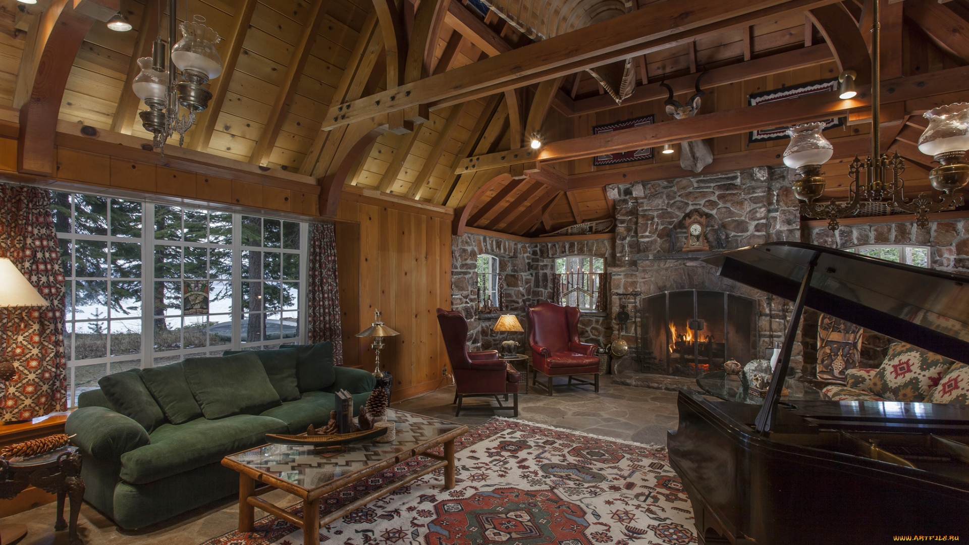 интерьер, гостиная, рояль, камин, кресла, диван