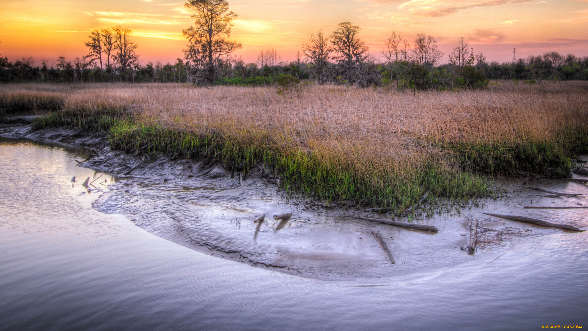 природа, реки, озера, река, луг, заря, тучи, деревья