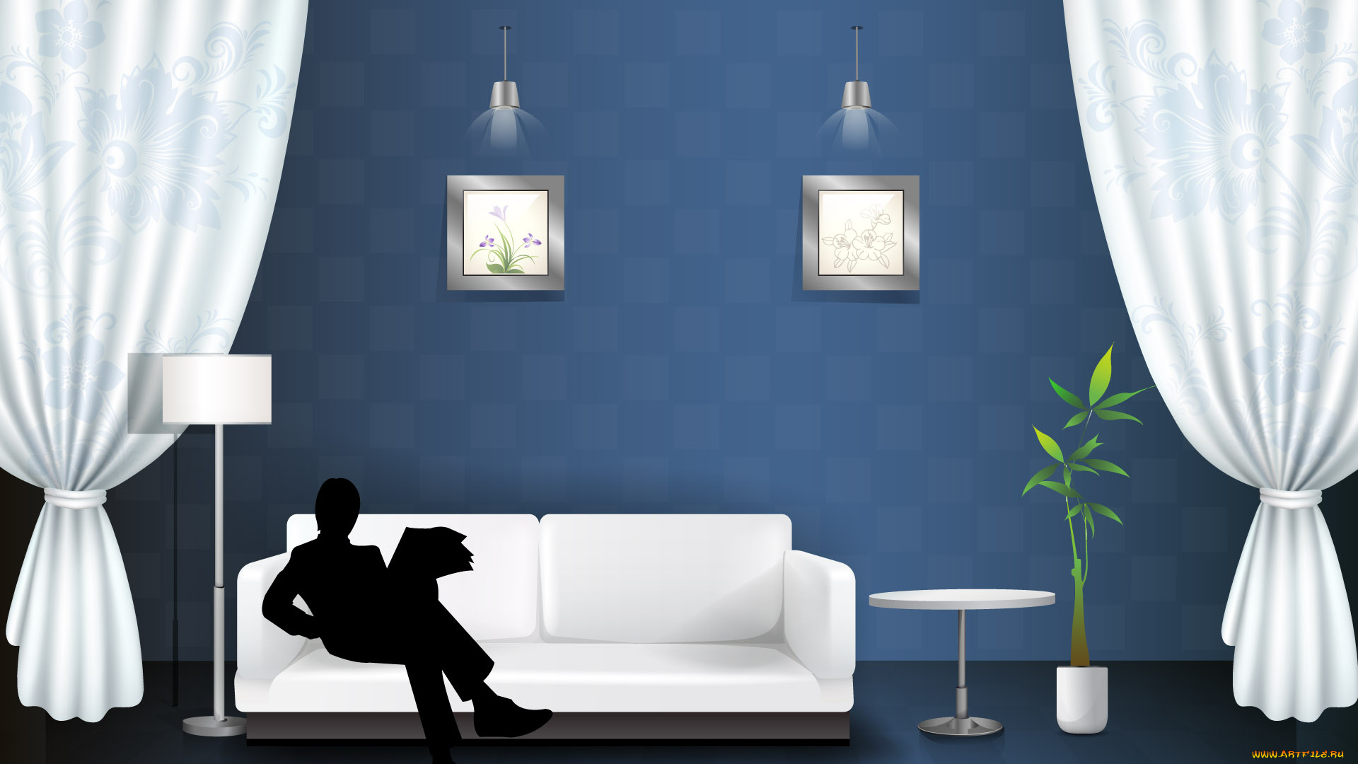 векторная, графика, интерьер, комната, мебель