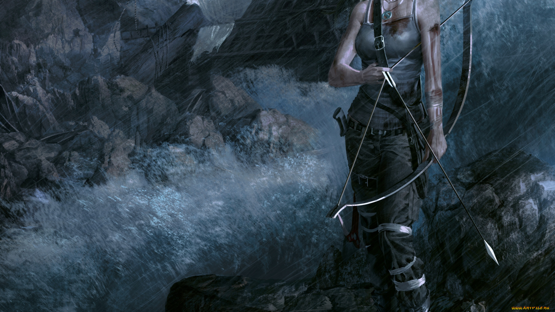 видео, игры, tomb, raider, 2013, дождь, брызги, вода, шторм, тучи, серость, бинты, шатенка, стрела, лук, девушка