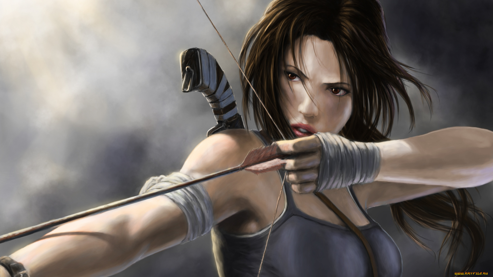 видео, игры, tomb, raider, 2013, лук, девушка, стрела, шатенка, бинты, тучи, серость
