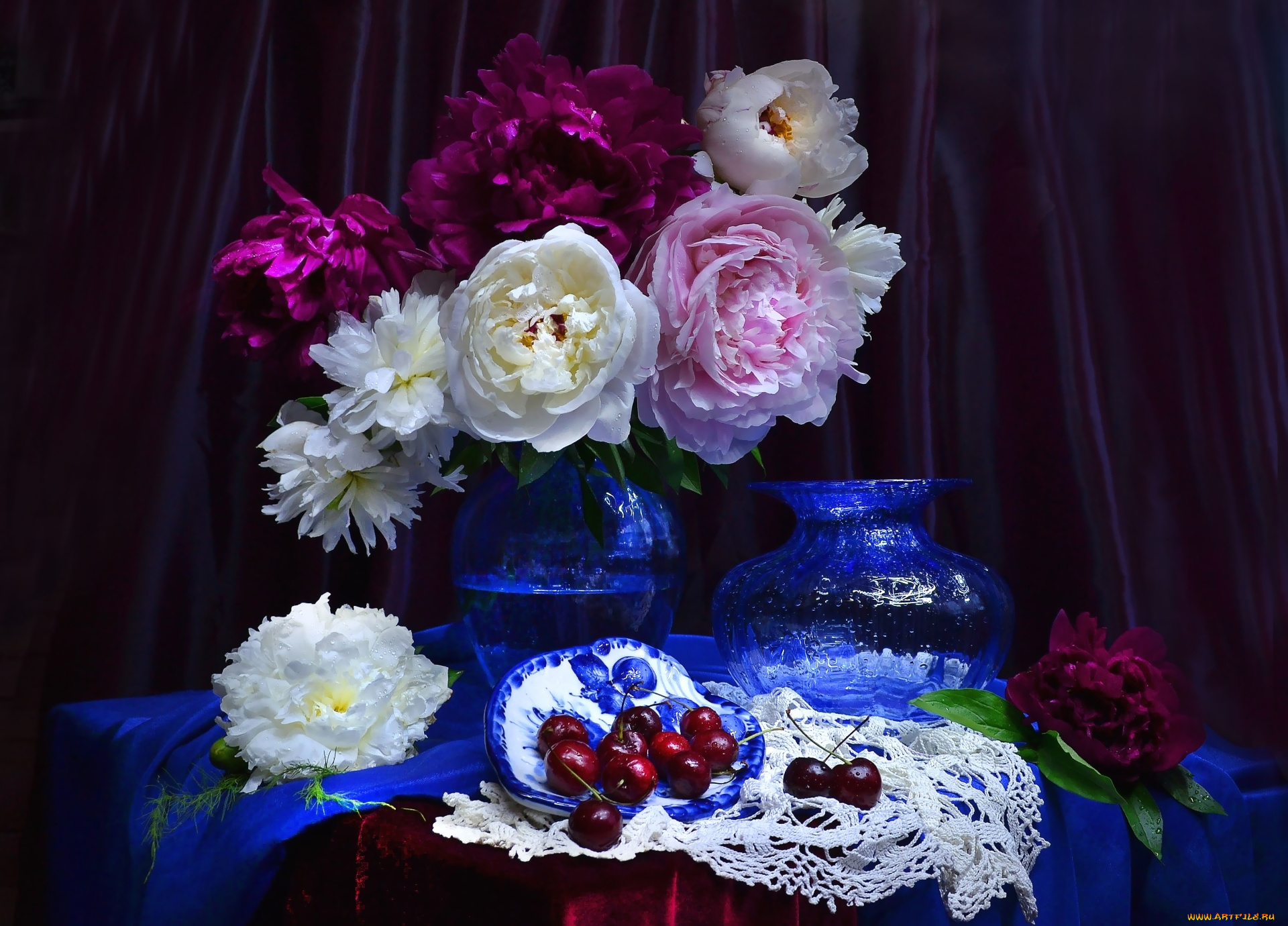 цветы, пионы, букет, черешня