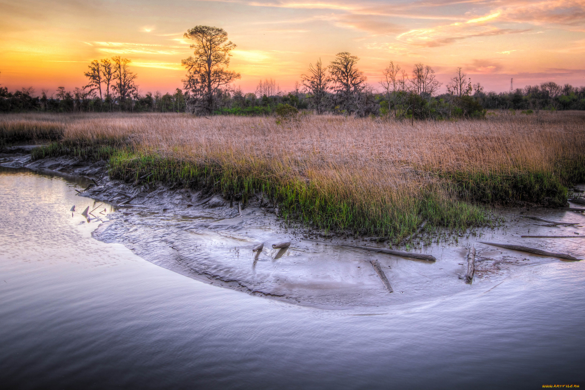 природа, реки, озера, река, луг, заря, тучи, деревья