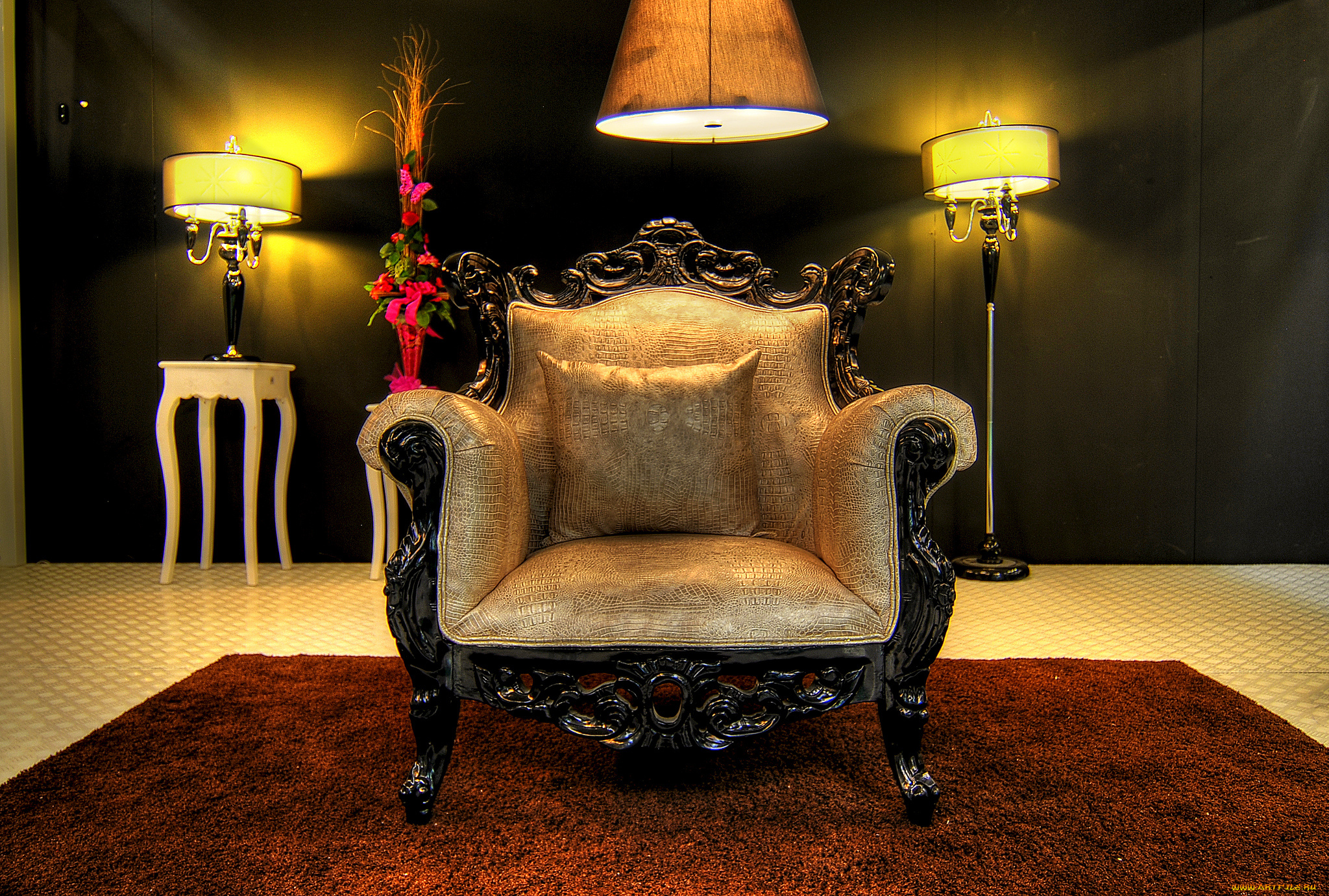 интерьер, мебель, светильники, комната, кресло