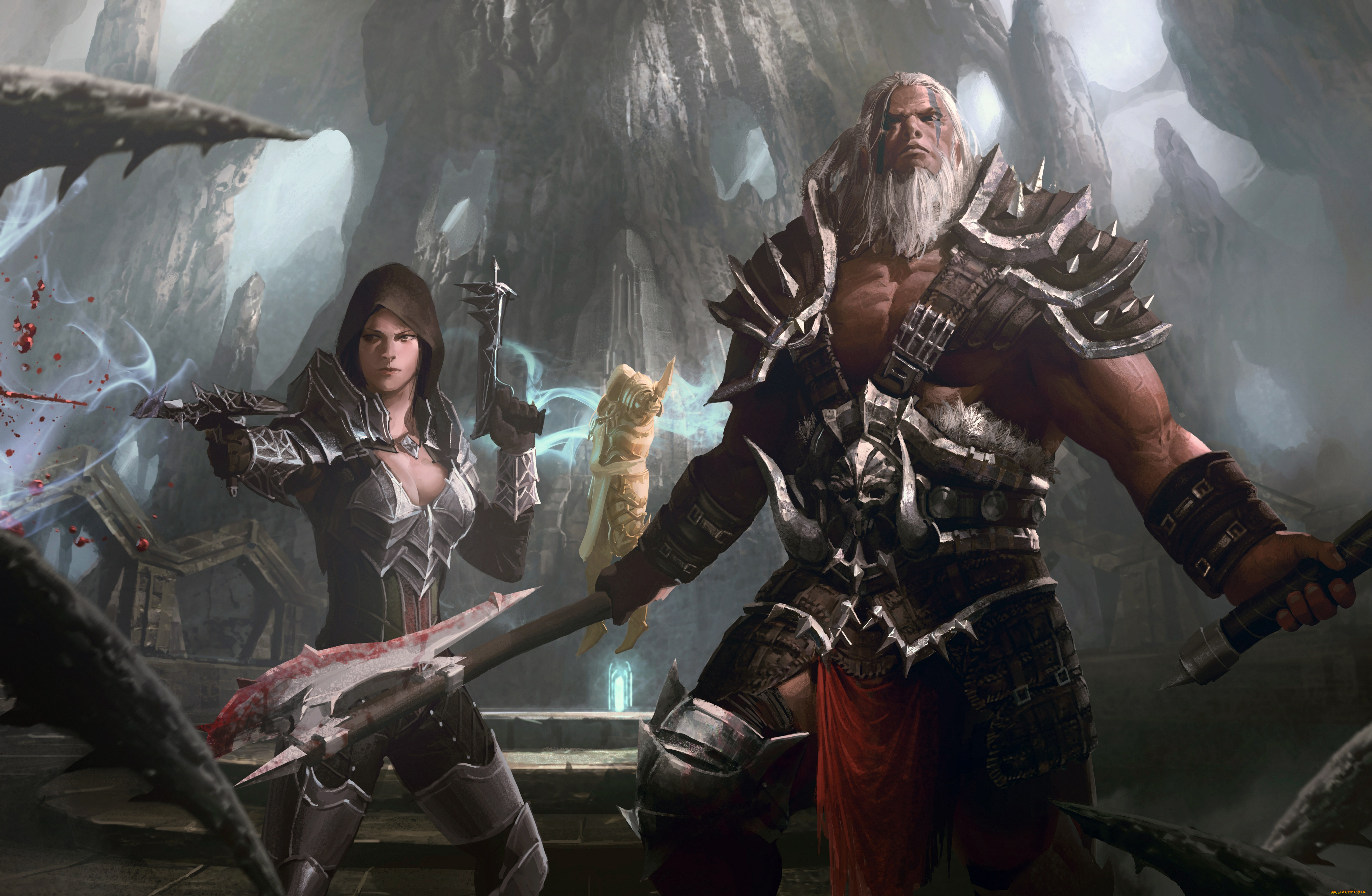 видео, игры, diablo, iii, , reaper, of, souls, крови, рога, череп, секира, доспехи, капюшон, девушка, мужчина