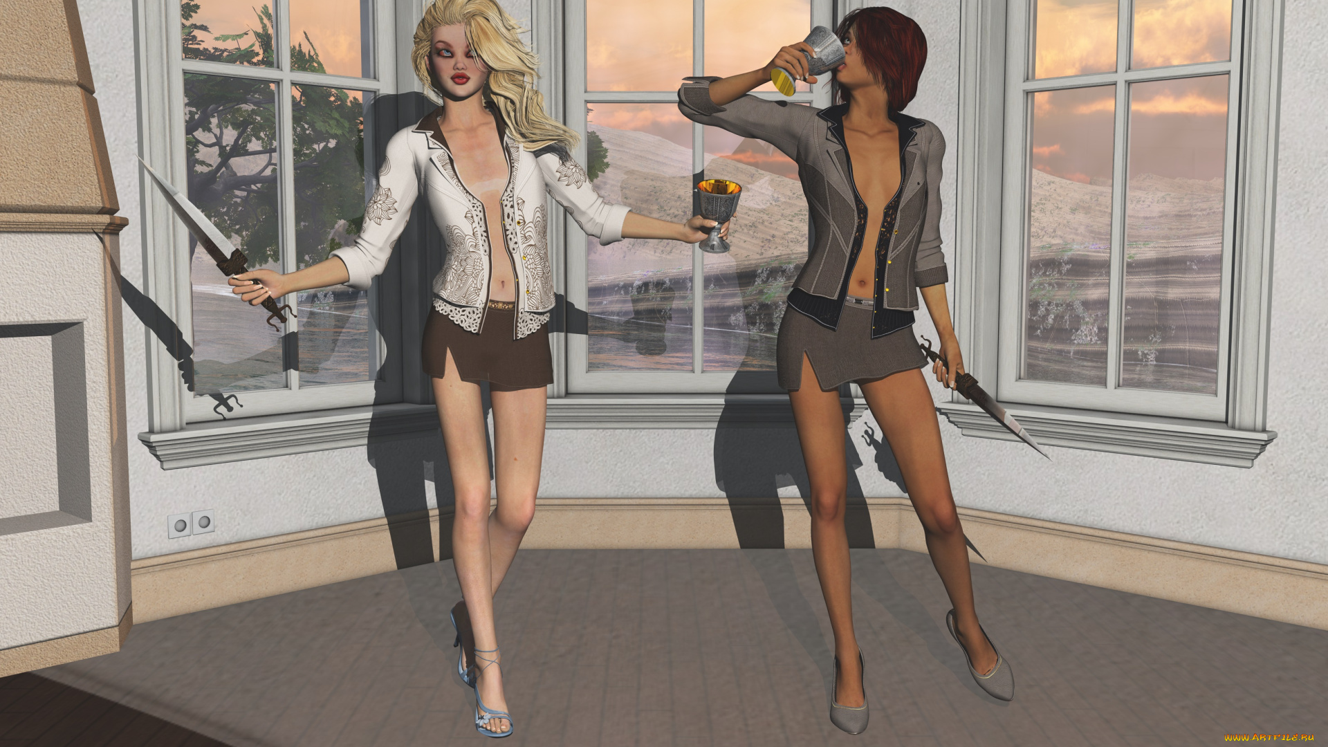 3д, графика, фантазия, , fantasy, чаши, оружие, фон, взгляд, девушки