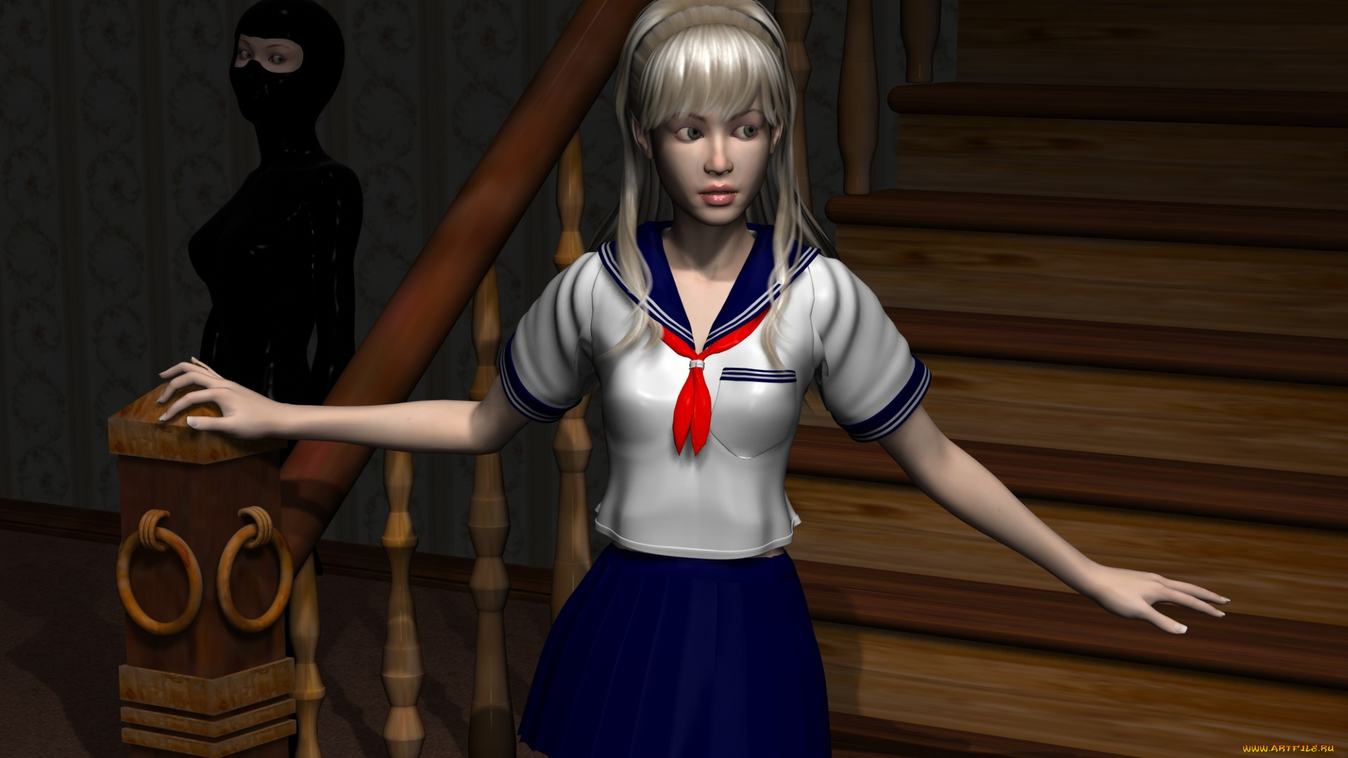 3д, графика, фантазия, , fantasy, девушка, взгляд, фон, лестница, ночь, ниндзя