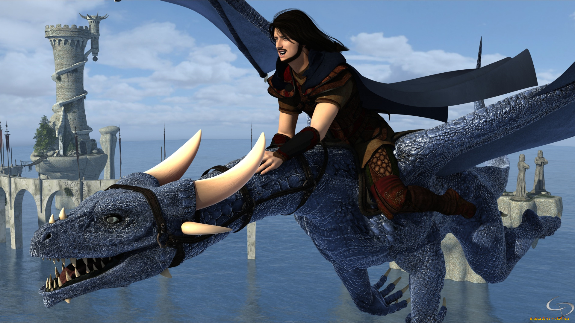 3д, графика, фантазия, , fantasy, небо, облака, море, замок, дракон, полет, взгляд, фон, мужчина