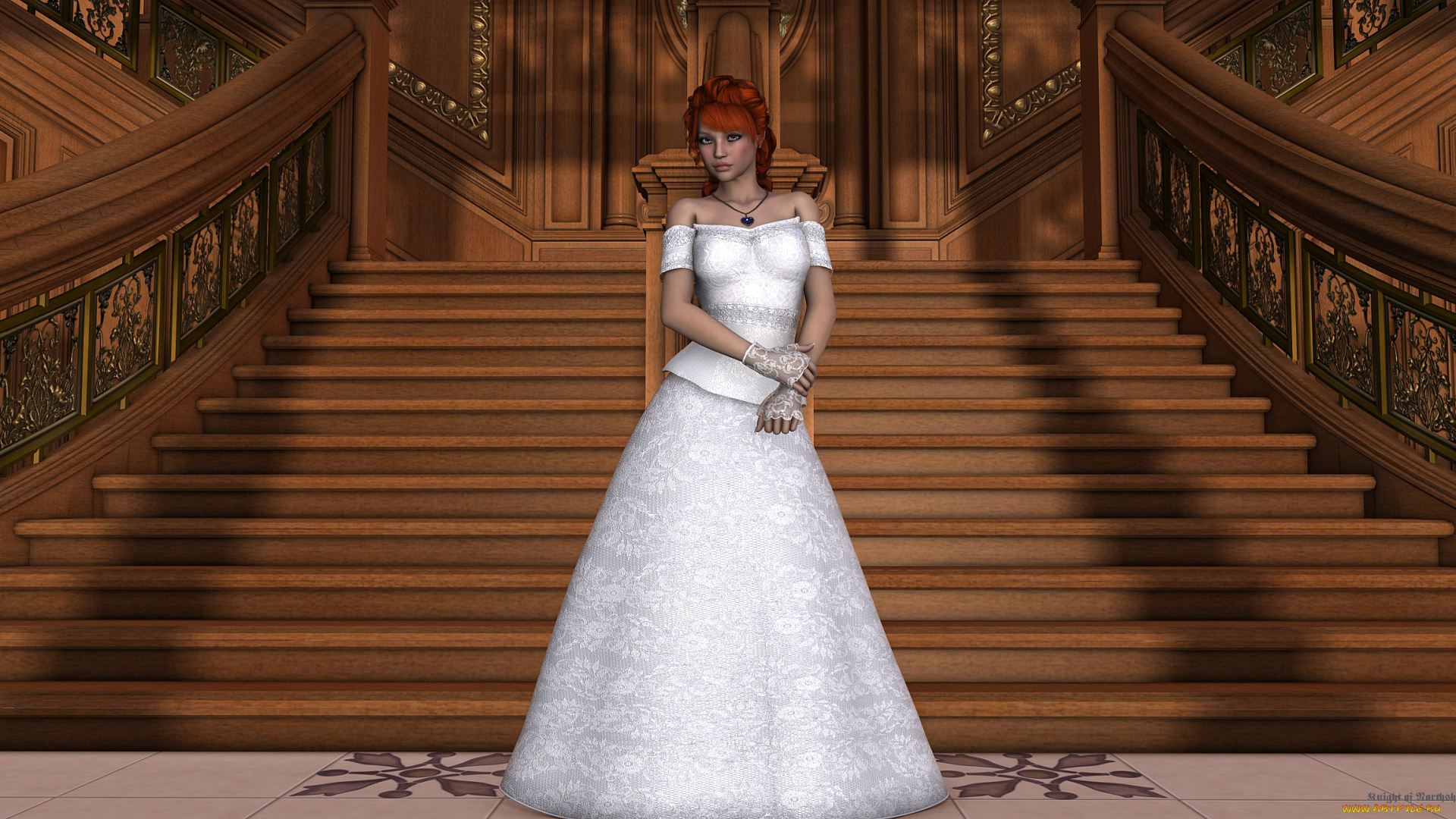 3д, графика, люди, , people, девушка, взгляд, фон, платье, лестница, рыжая, перчатки