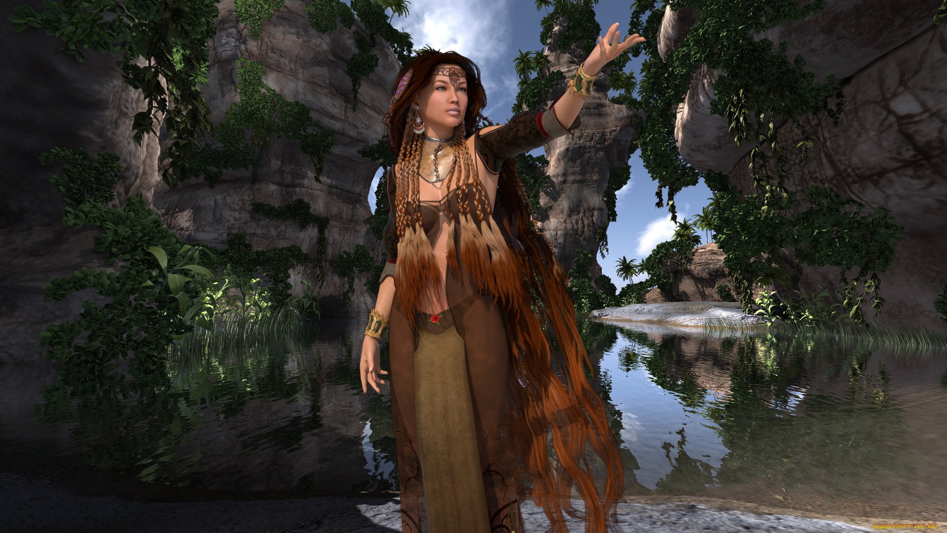 3д, графика, люди, , people, девушка, взгляд, фон, река, горы, небо