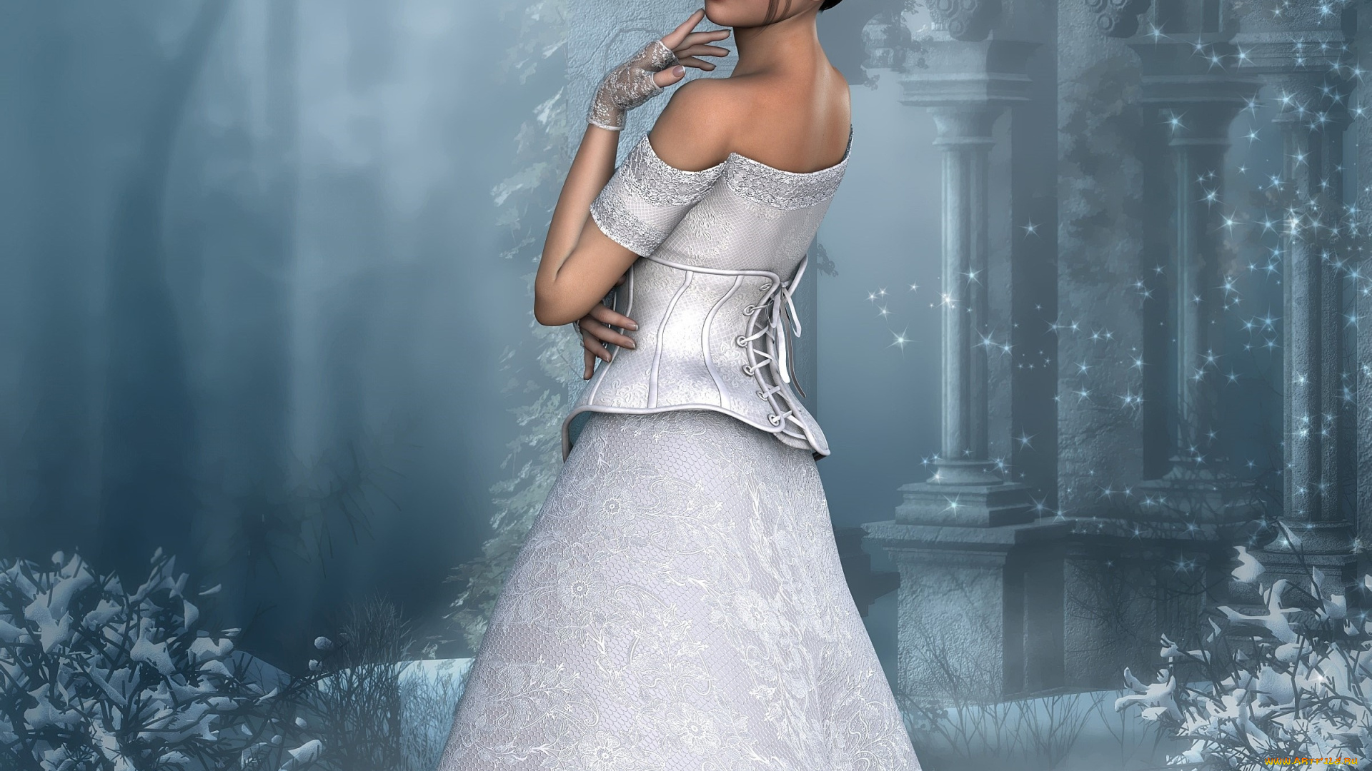 3д, графика, люди, , people, зима, платье, фон, взгляд, девушка