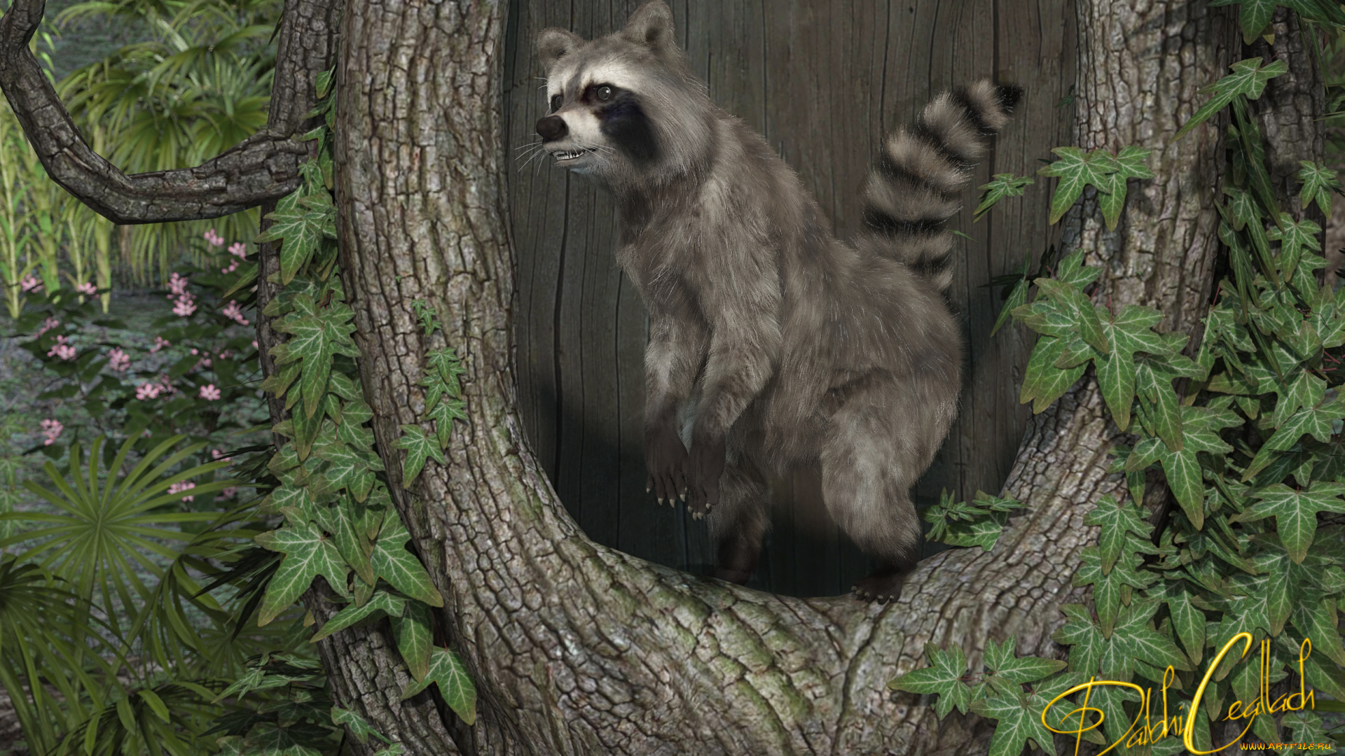 3д, графика, животные, , animals, росомаха, лес, дерево