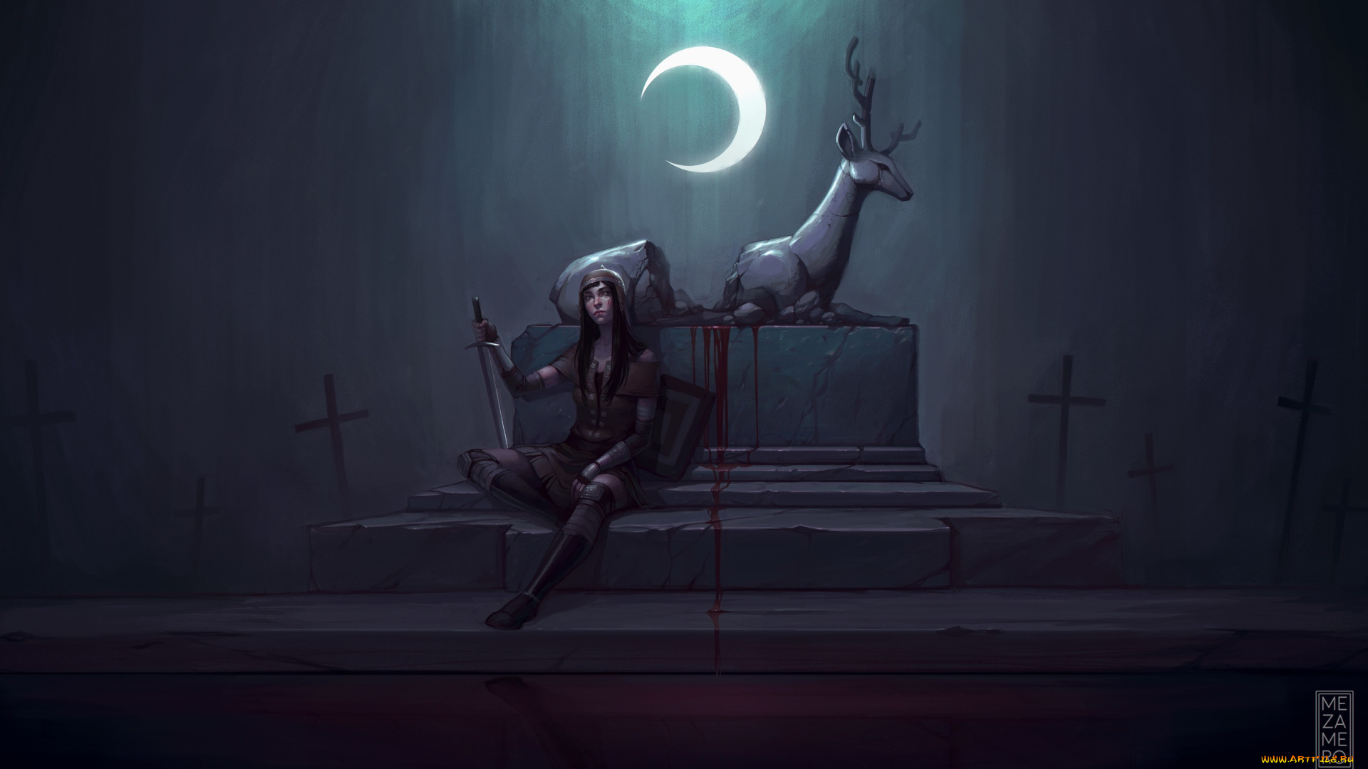фэнтези, девушки, девушка, алтарь, меч, луна, жертвоприношение, олень, арт