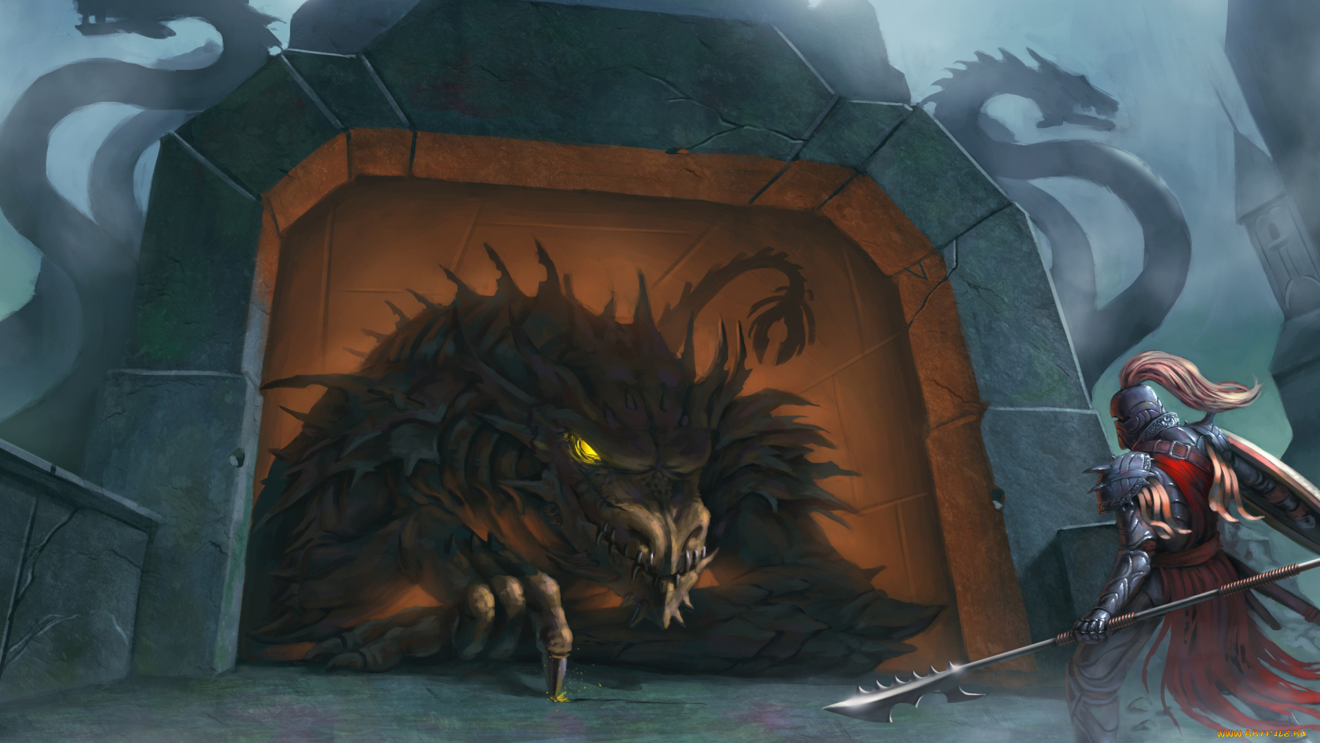 фэнтези, драконы, замок, дракон, арт, щит, копье, доспехи, рыцарь