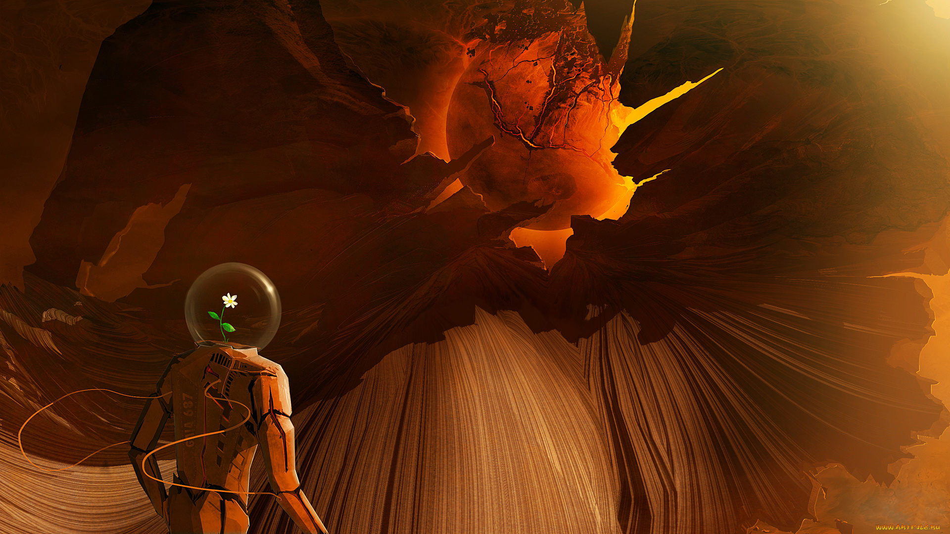 фэнтези, роботы, , киборги, , механизмы, gaia, скафандр, цветок, разрушение