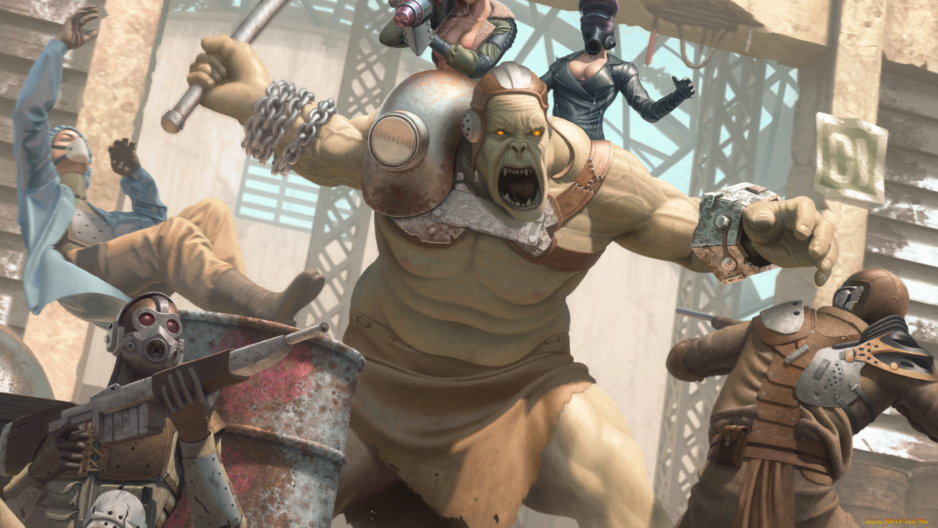 фэнтези, существа, битва, великан, орг, солдаты, девушки, роботы